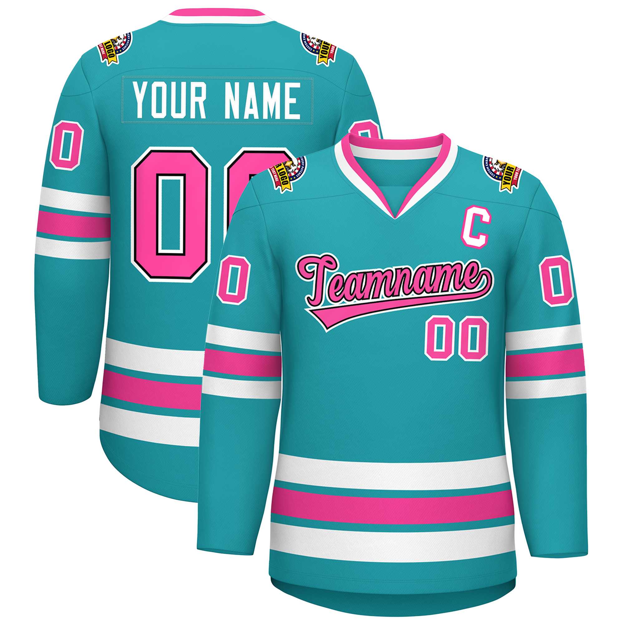 Maillot de hockey de style classique personnalisé Aqua Pink Navy-White