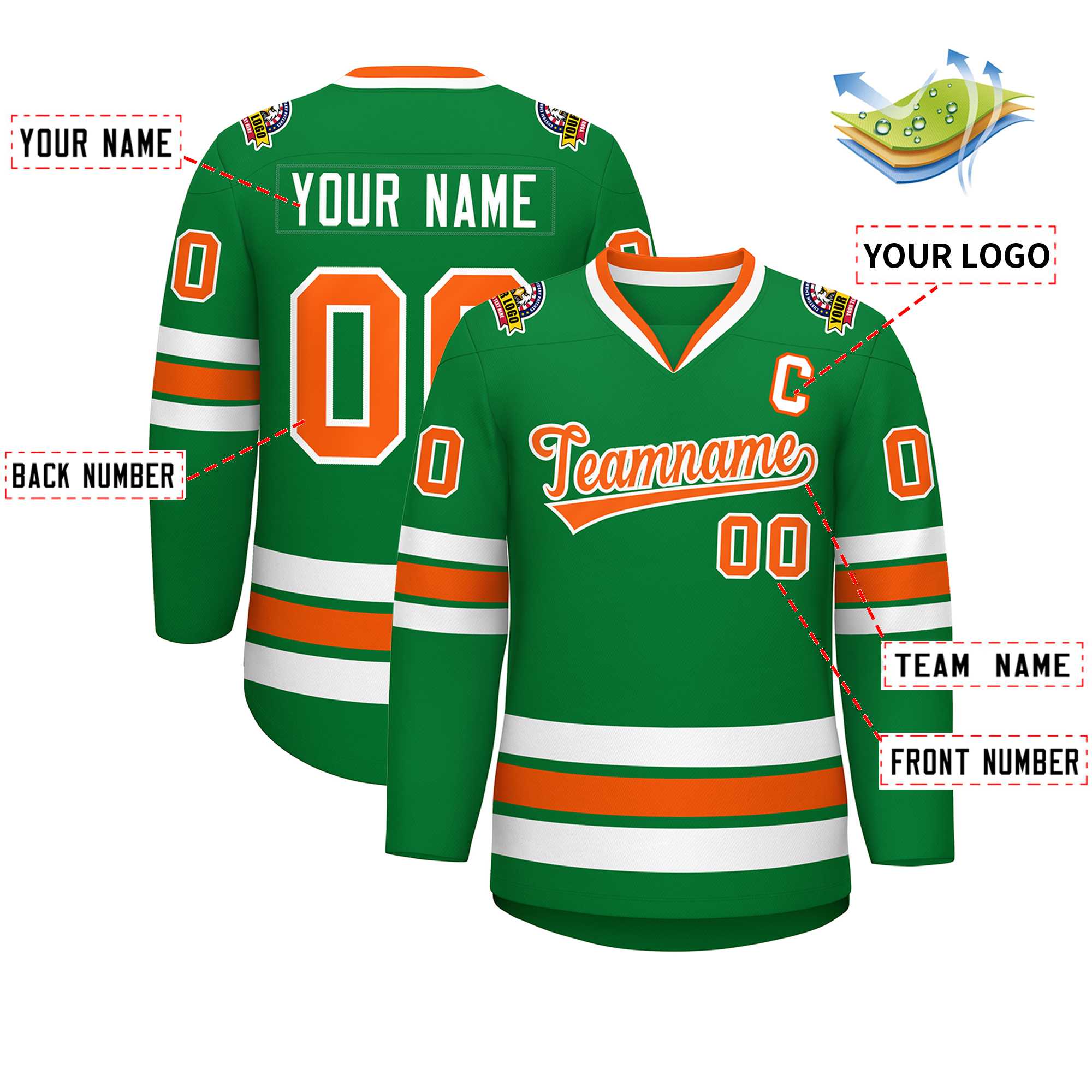 Custom Kelly Green Orange-White Classic Style Hockey Jersey