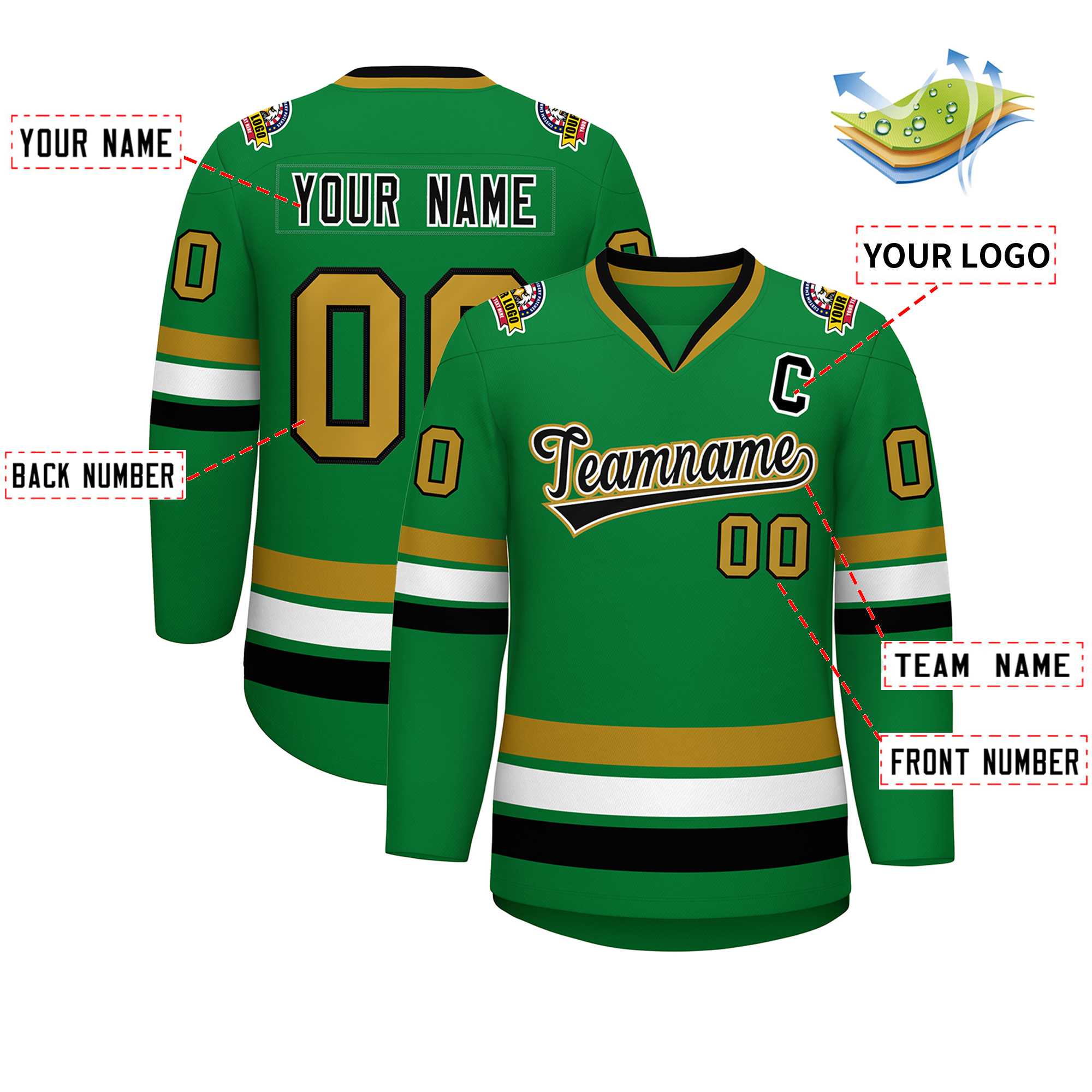 Custom Kelly Green Black White-Old Gold Classic Style Hockey Jersey