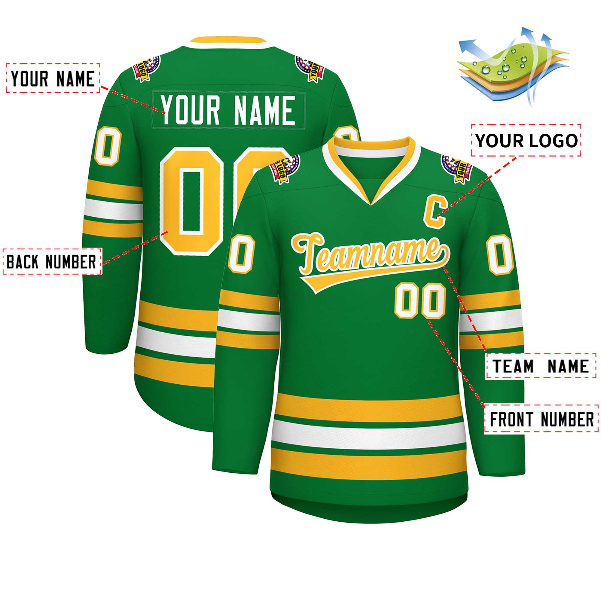 Custom Kelly Green Gold-White Classic Style Hockey Jersey