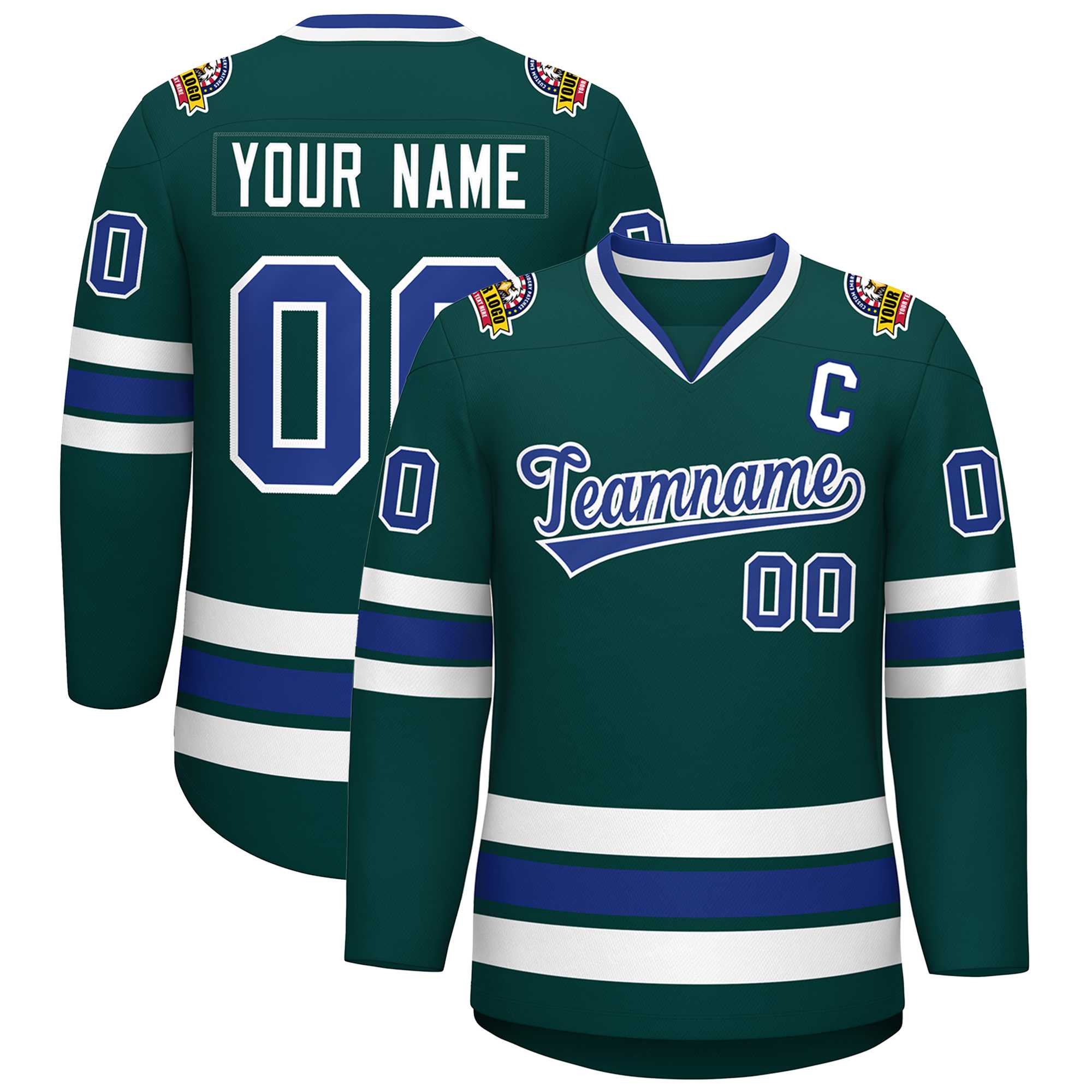 Maillot de hockey personnalisé de style classique, vert minuit, royal-blanc