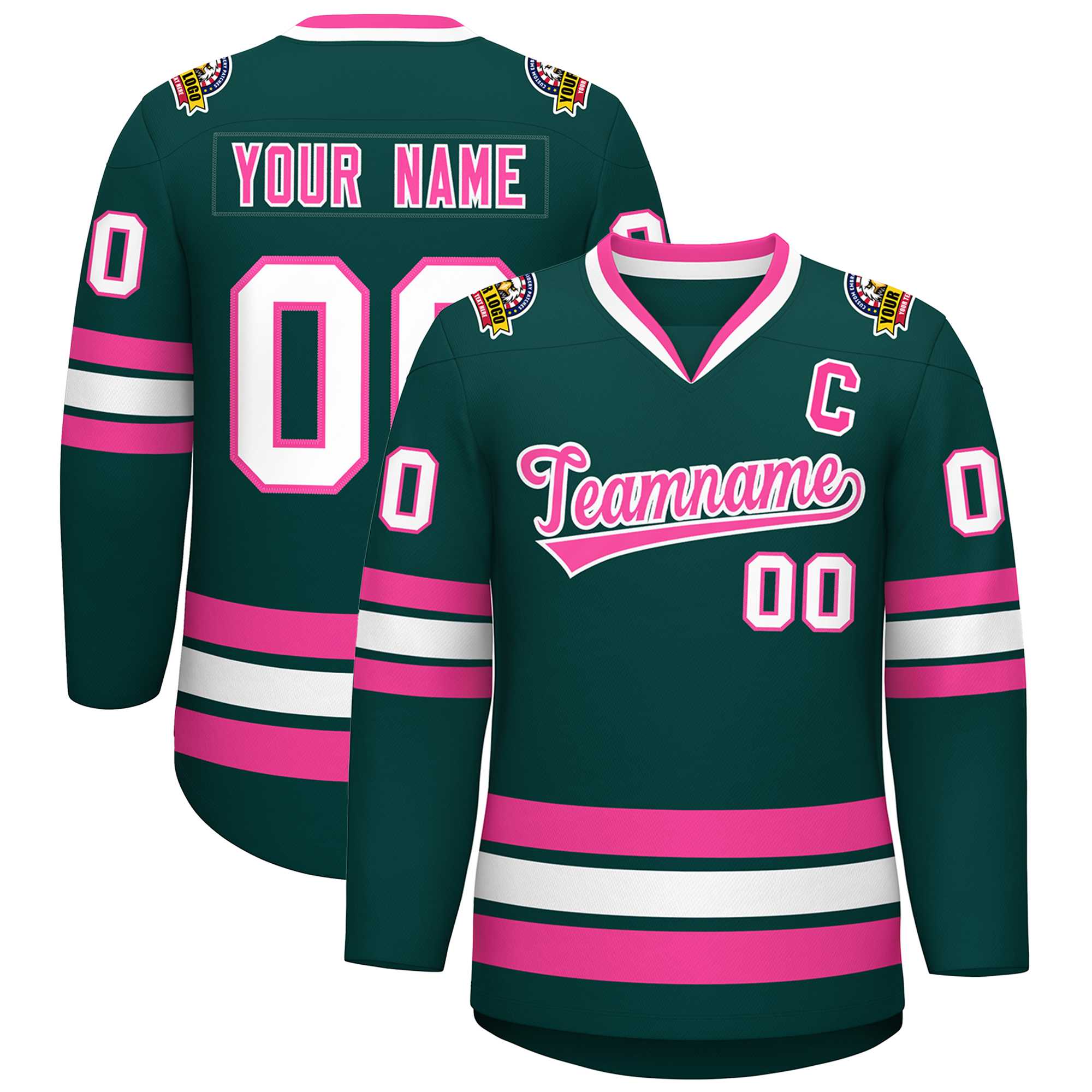 Custom Midnight Green Pink-White Classic Style Hockey Jersey