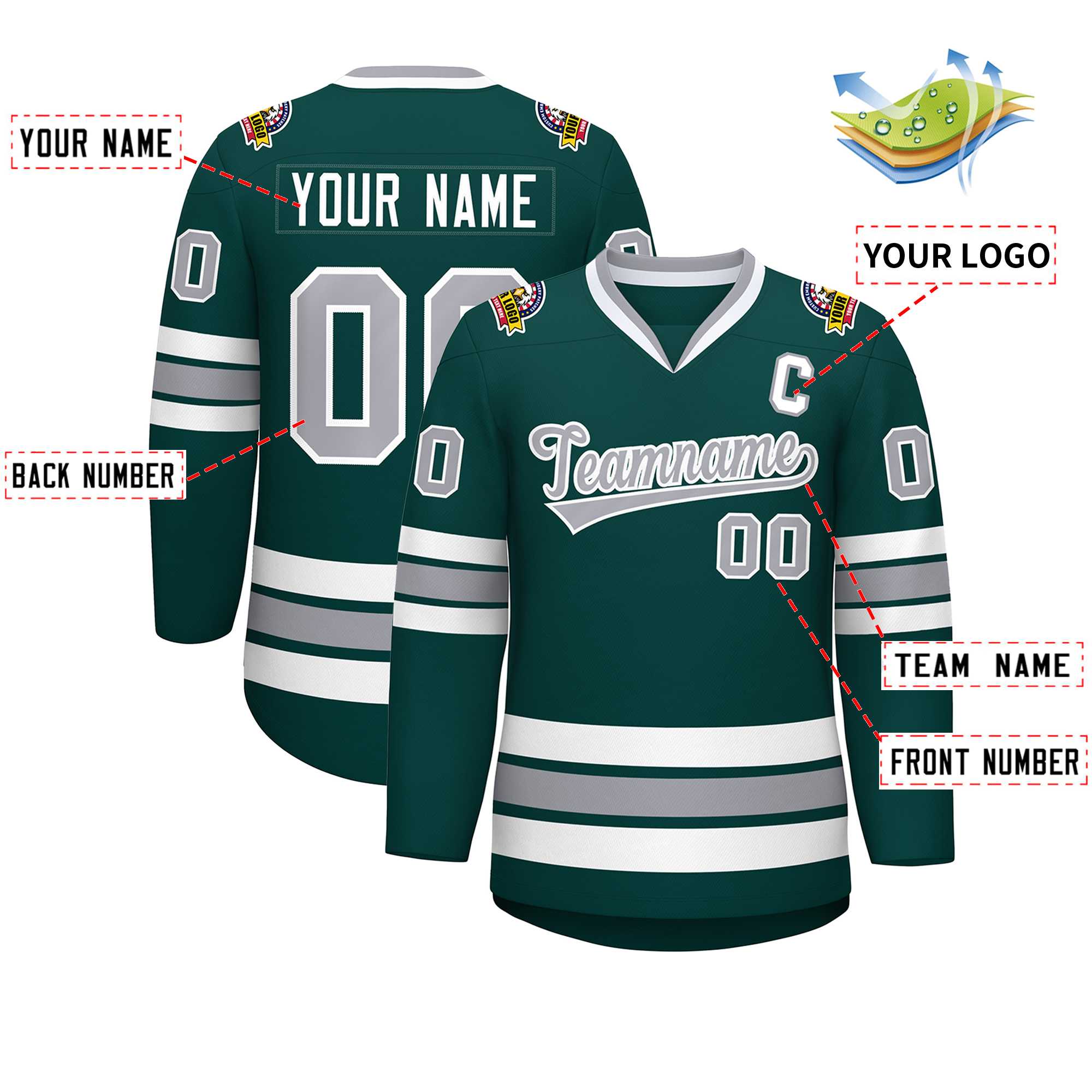 Custom Midnight Green Gray-White Classic Style Hockey Jersey