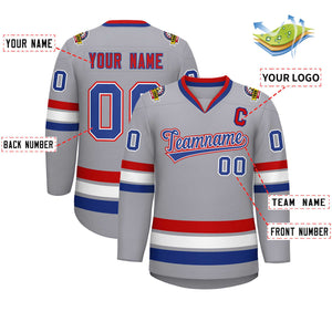 Custom Gray Royal White-Red Classic Style Hockey Jersey