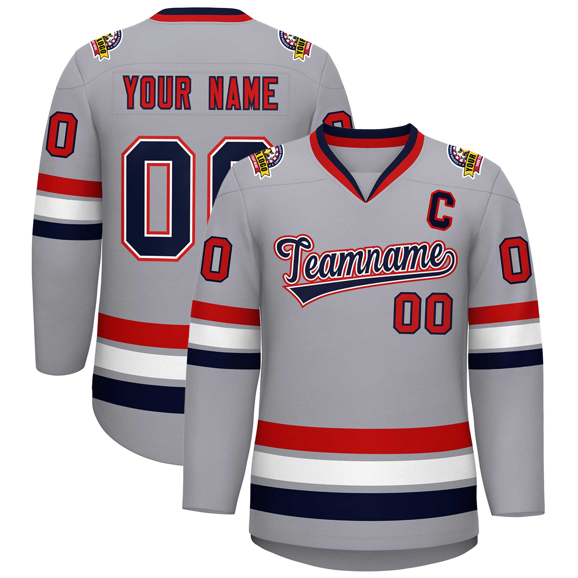 Custom Gray Navy White-Red Classic Style Hockey Jersey