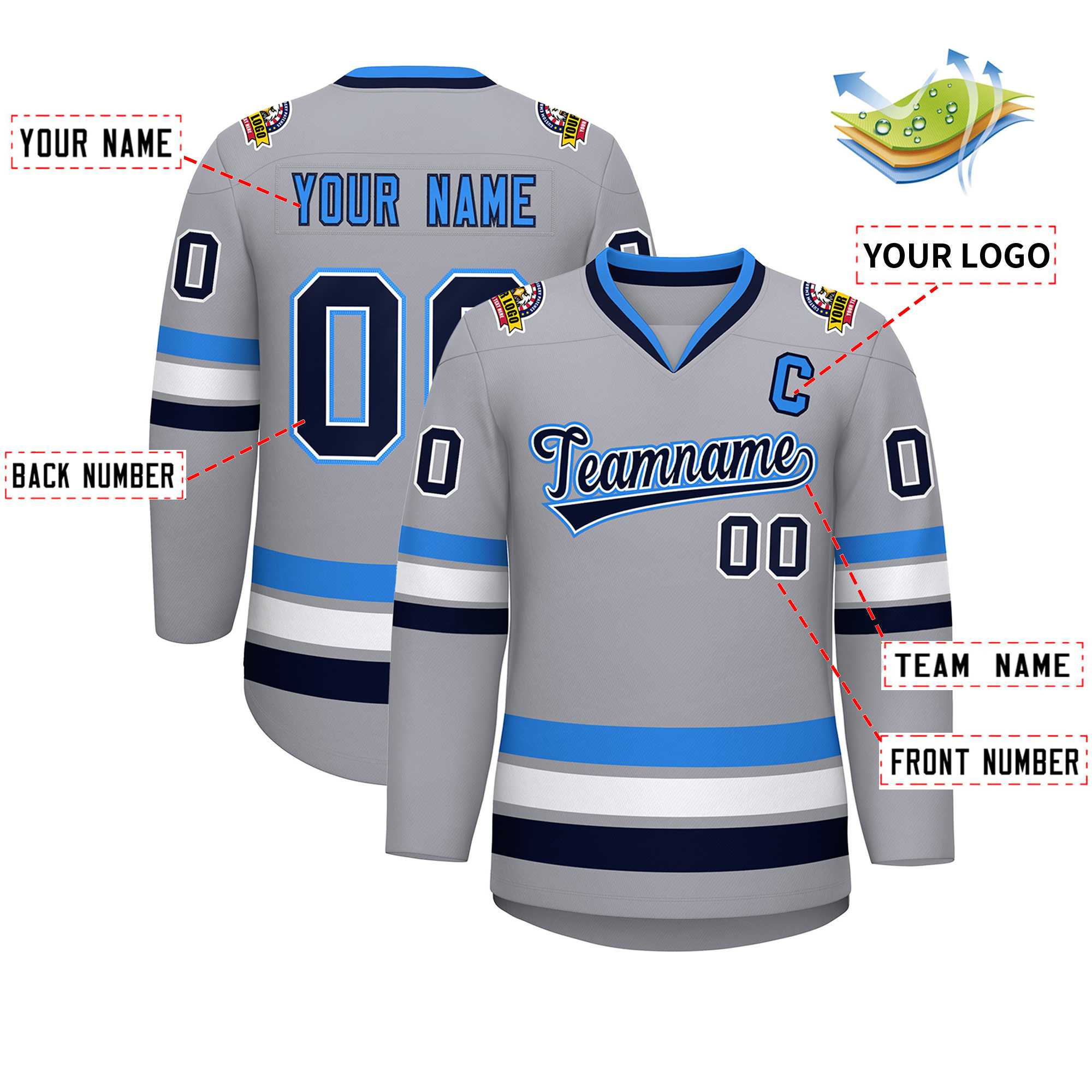 Maillot de hockey personnalisé gris marine blanc-bleu poudre, style classique