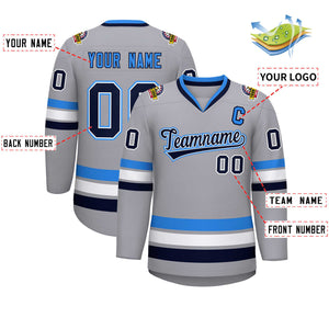 Maillot de hockey personnalisé gris marine blanc-bleu poudre, style classique