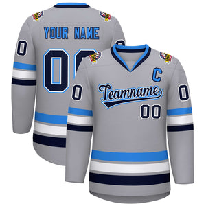 Maillot de hockey personnalisé gris marine blanc-bleu poudre, style classique