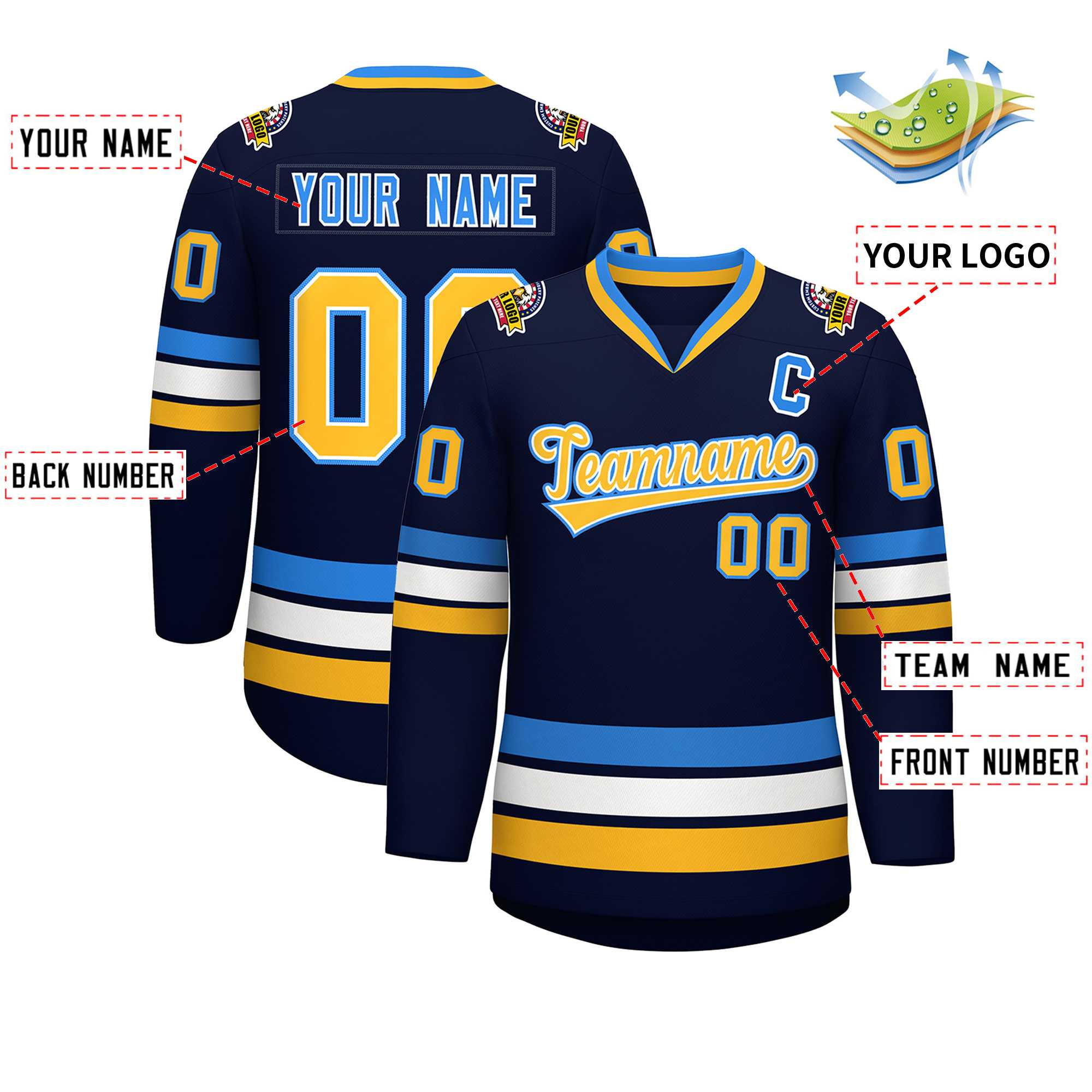 Custom Navy Gold White-Powder Blue Classic Style Hockey Jersey