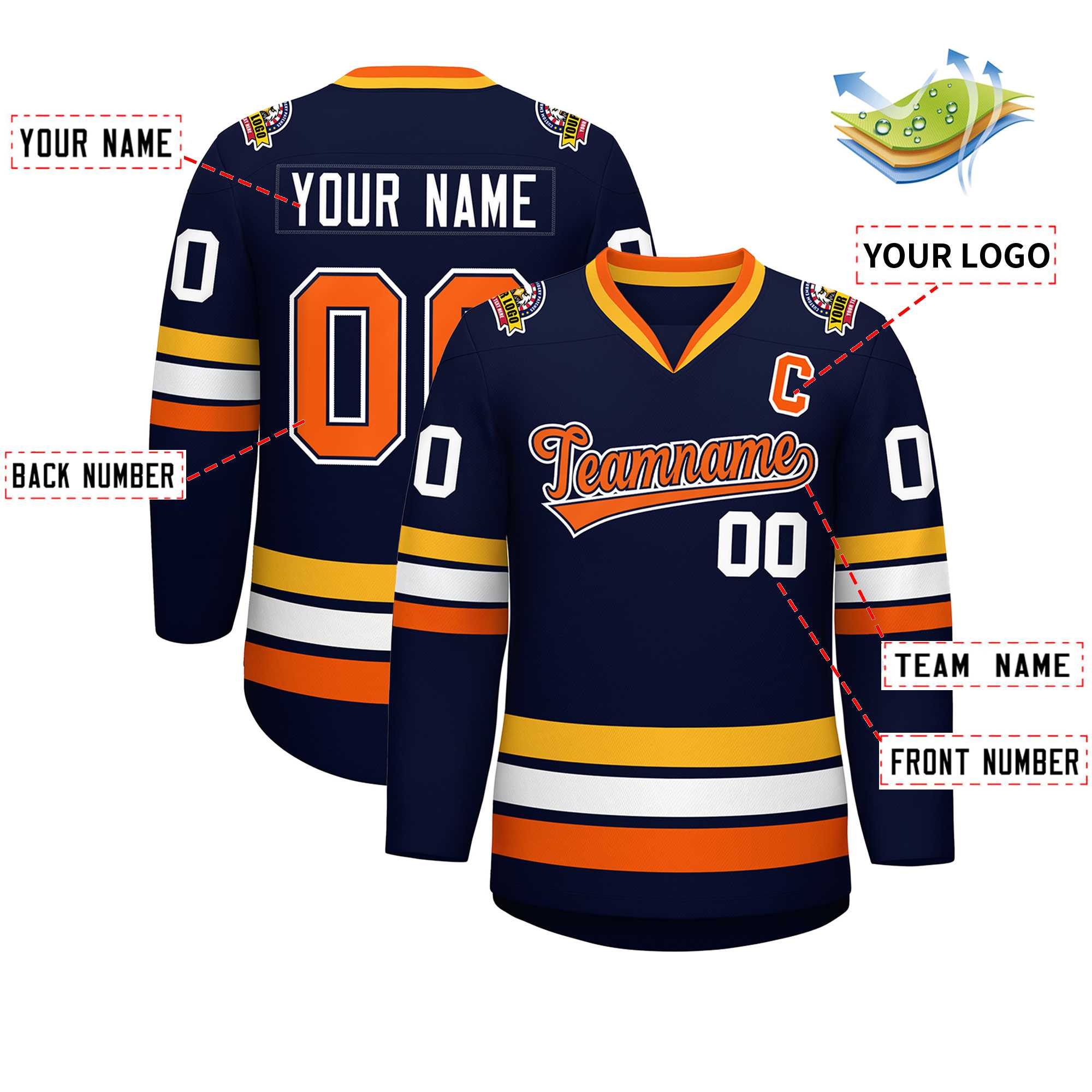 Custom Navy Orange Navy-White Classic Style Hockey Jersey