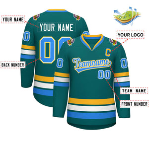 Custom Aqua Powder Blue White-Gold Classic Style Hockey Jersey