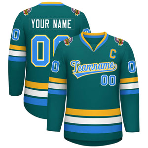 Custom Aqua Powder Blue White-Gold Classic Style Hockey Jersey