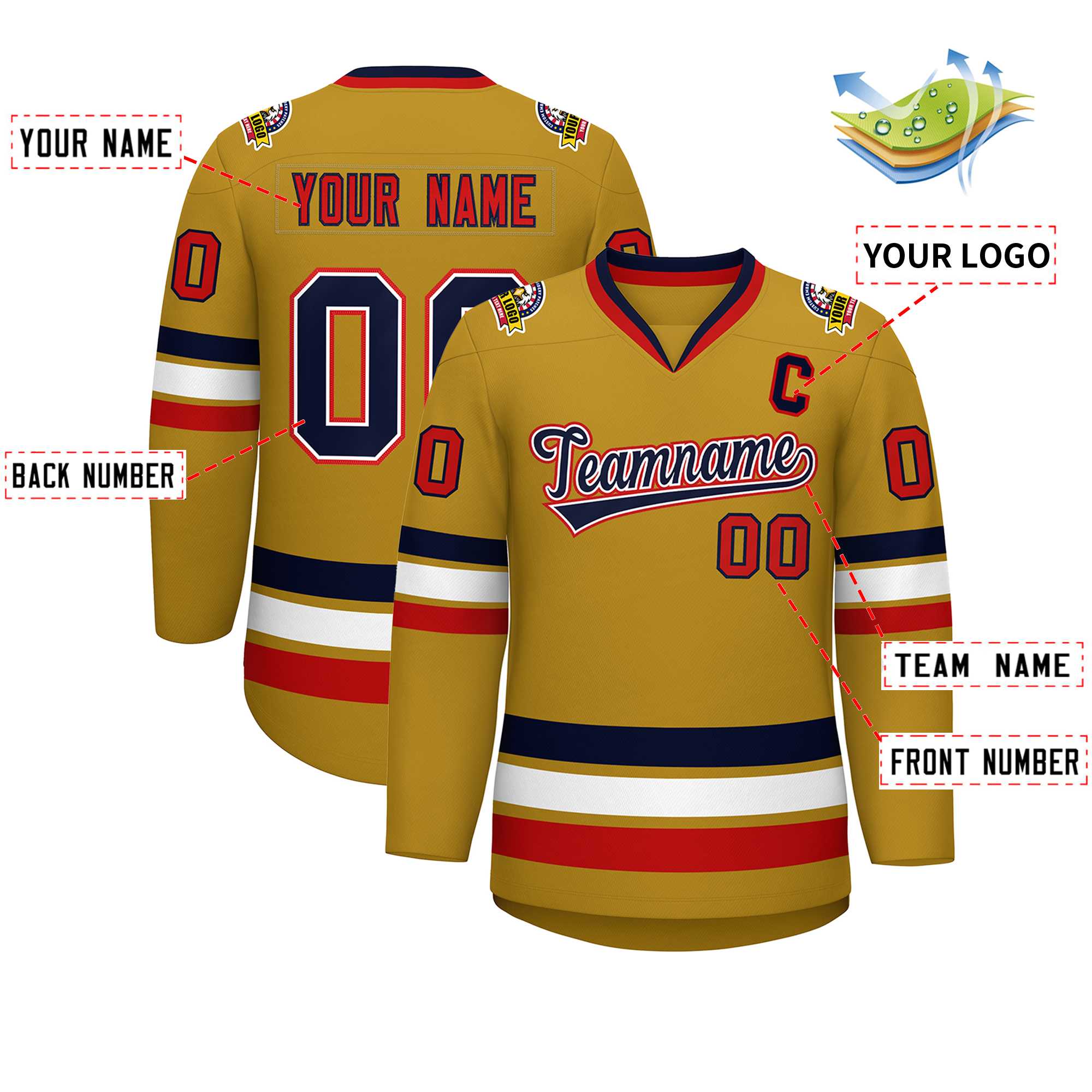 Maillot de hockey personnalisé de style classique blanc-rouge Old Gold Navy