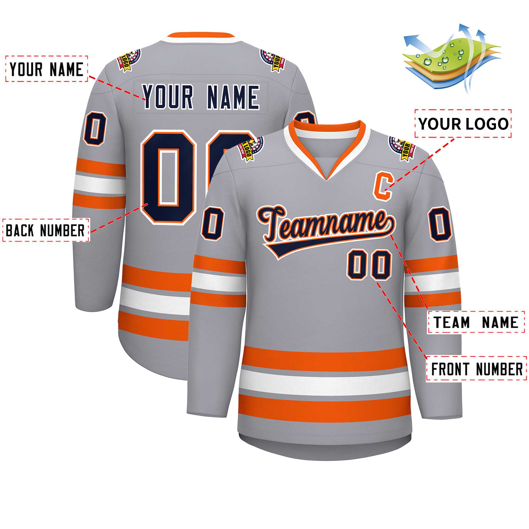 Maillot de hockey de style classique personnalisé gris marine orange-blanc