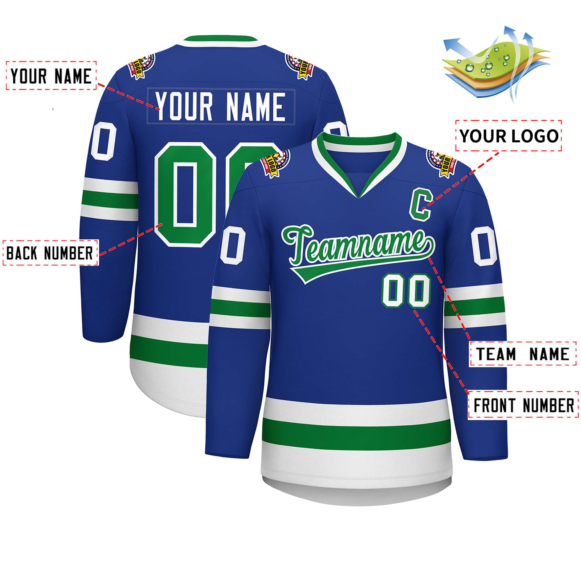 Maillot de hockey personnalisé Royal Kelly vert-blanc de style classique