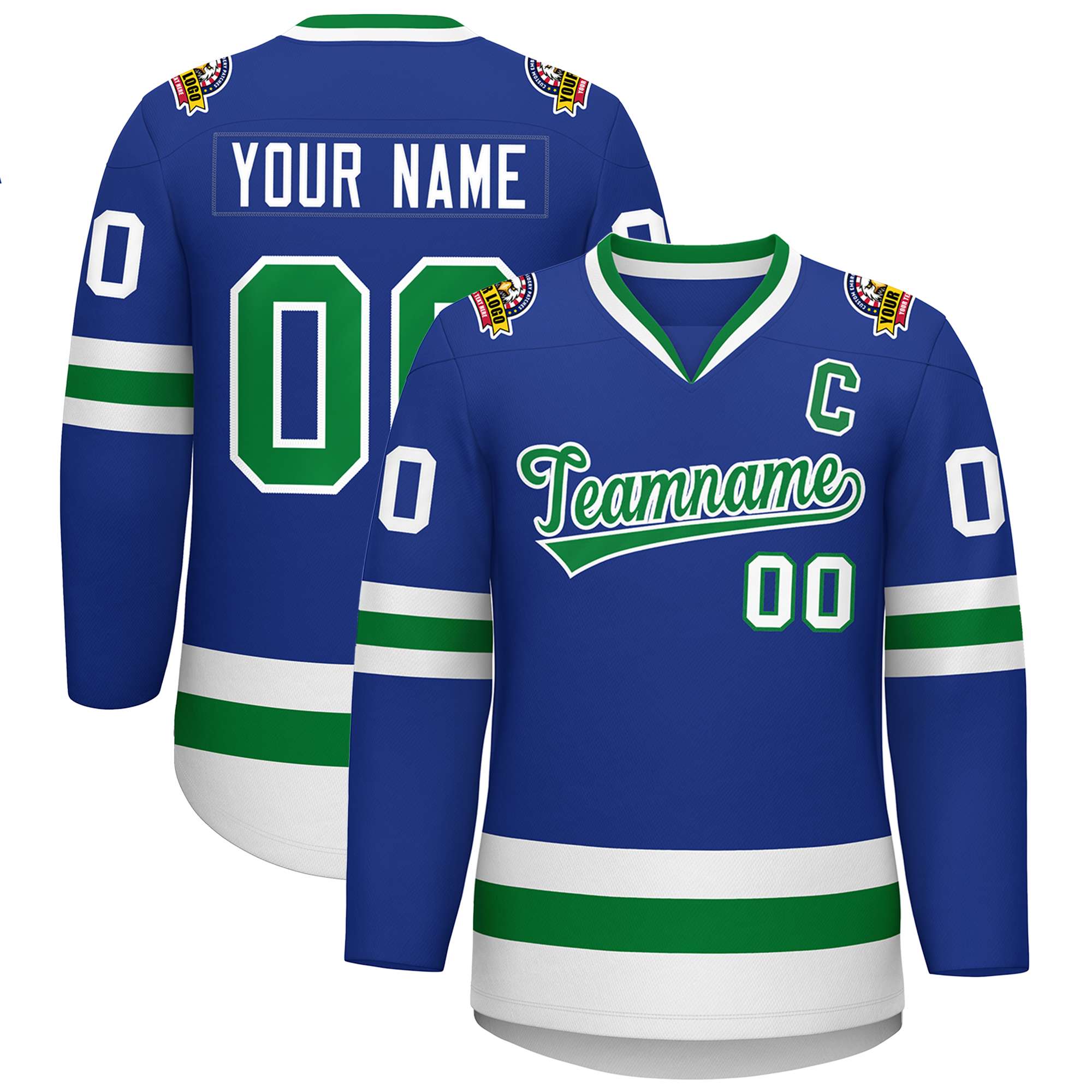 Custom Royal Kelly Green-White Classic Style Hockey Jersey