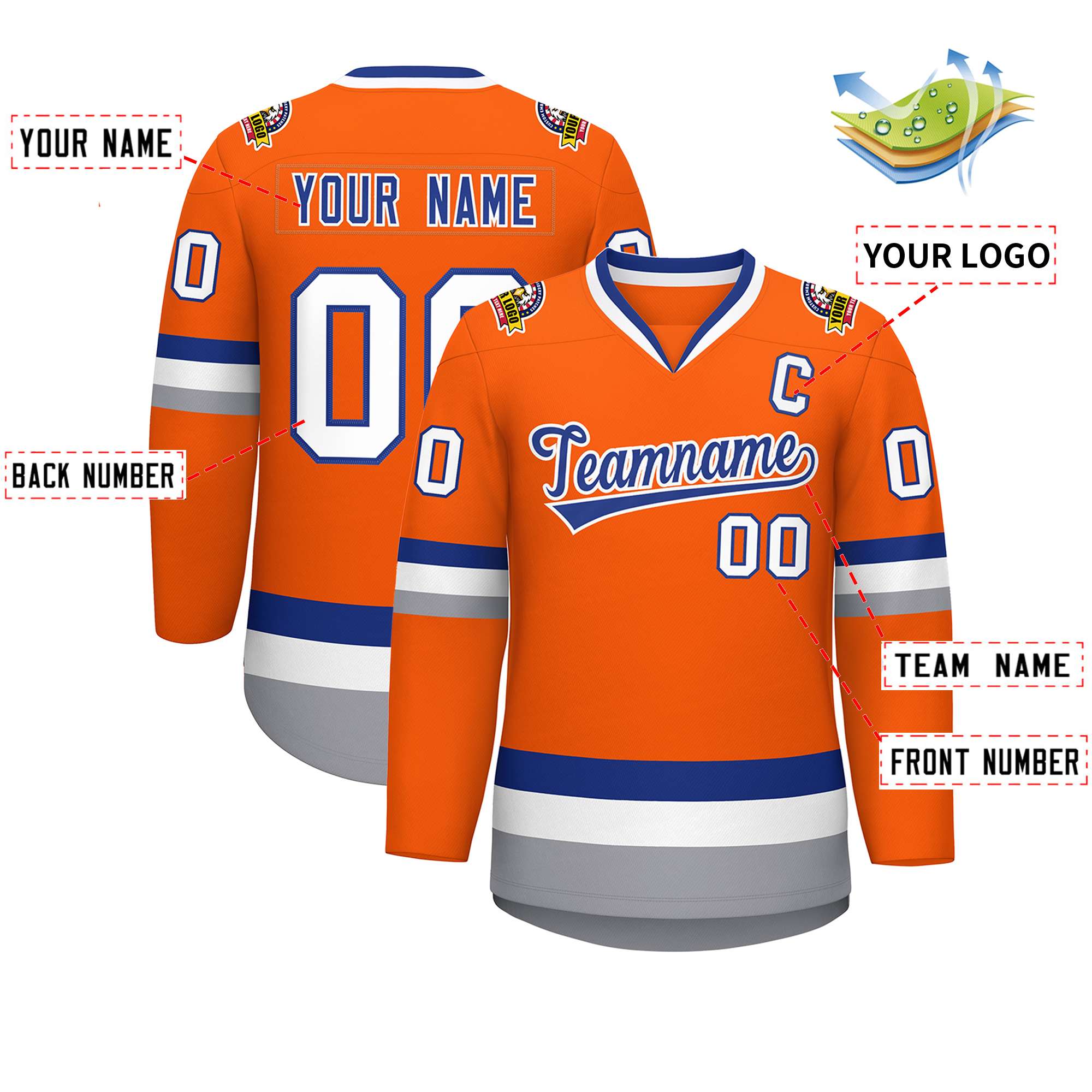 Custom Orange Royal-White Classic Style Hockey Jersey