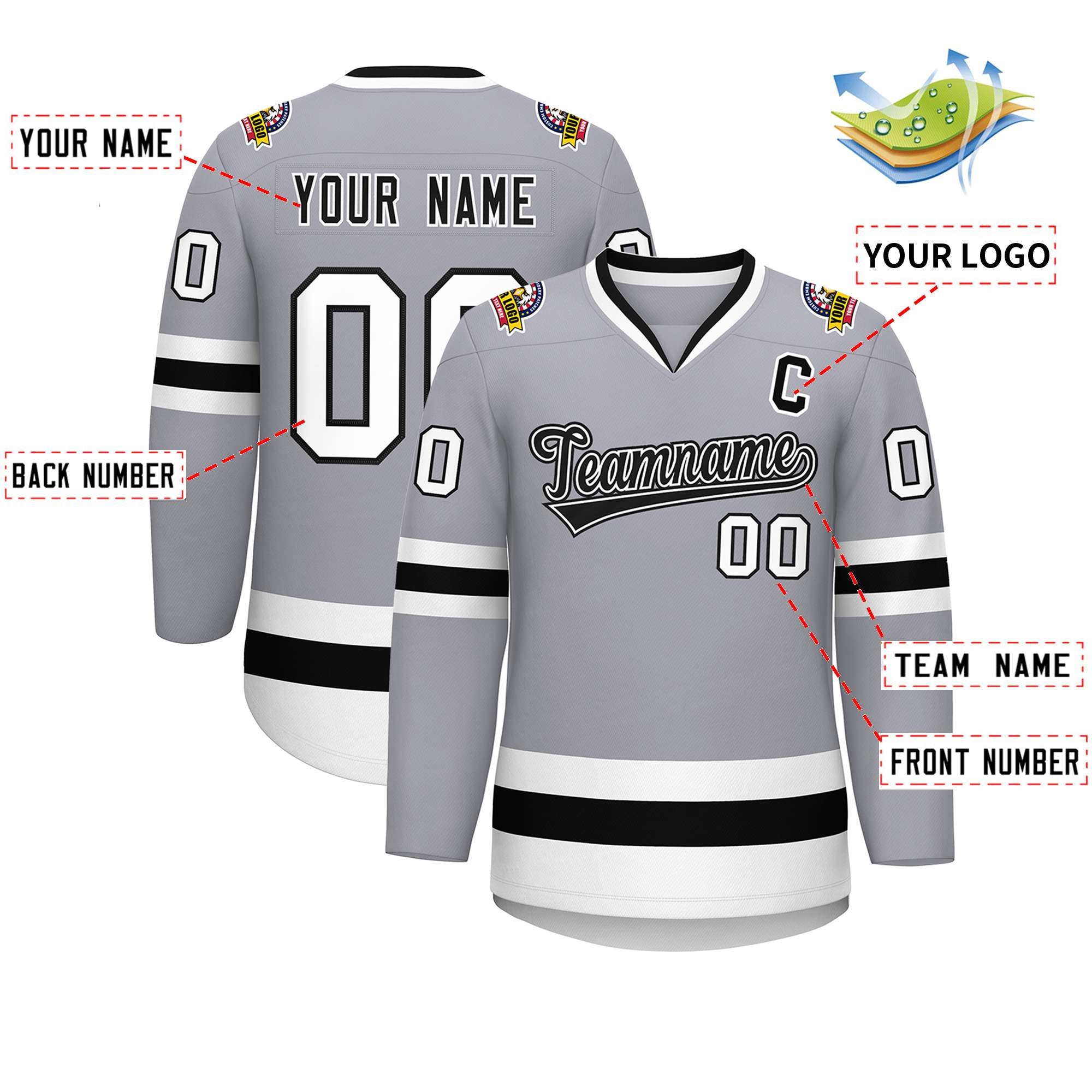 Maillot de hockey de style classique personnalisé gris noir blanc-noir