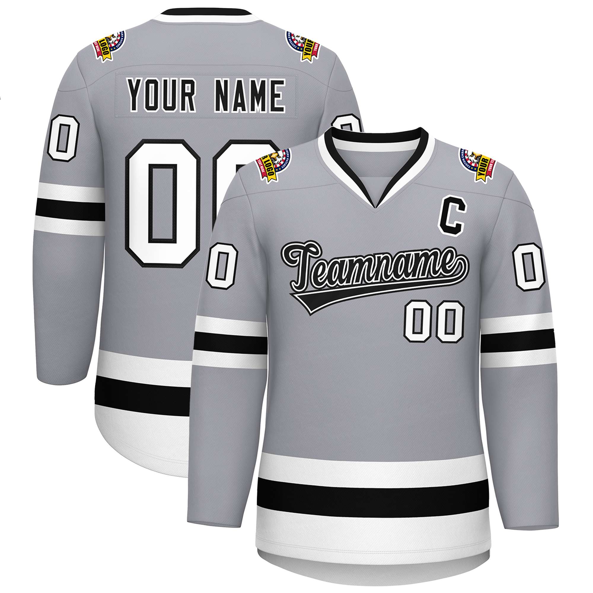 Custom Gray Black White-Black Classic Style Hockey Jersey