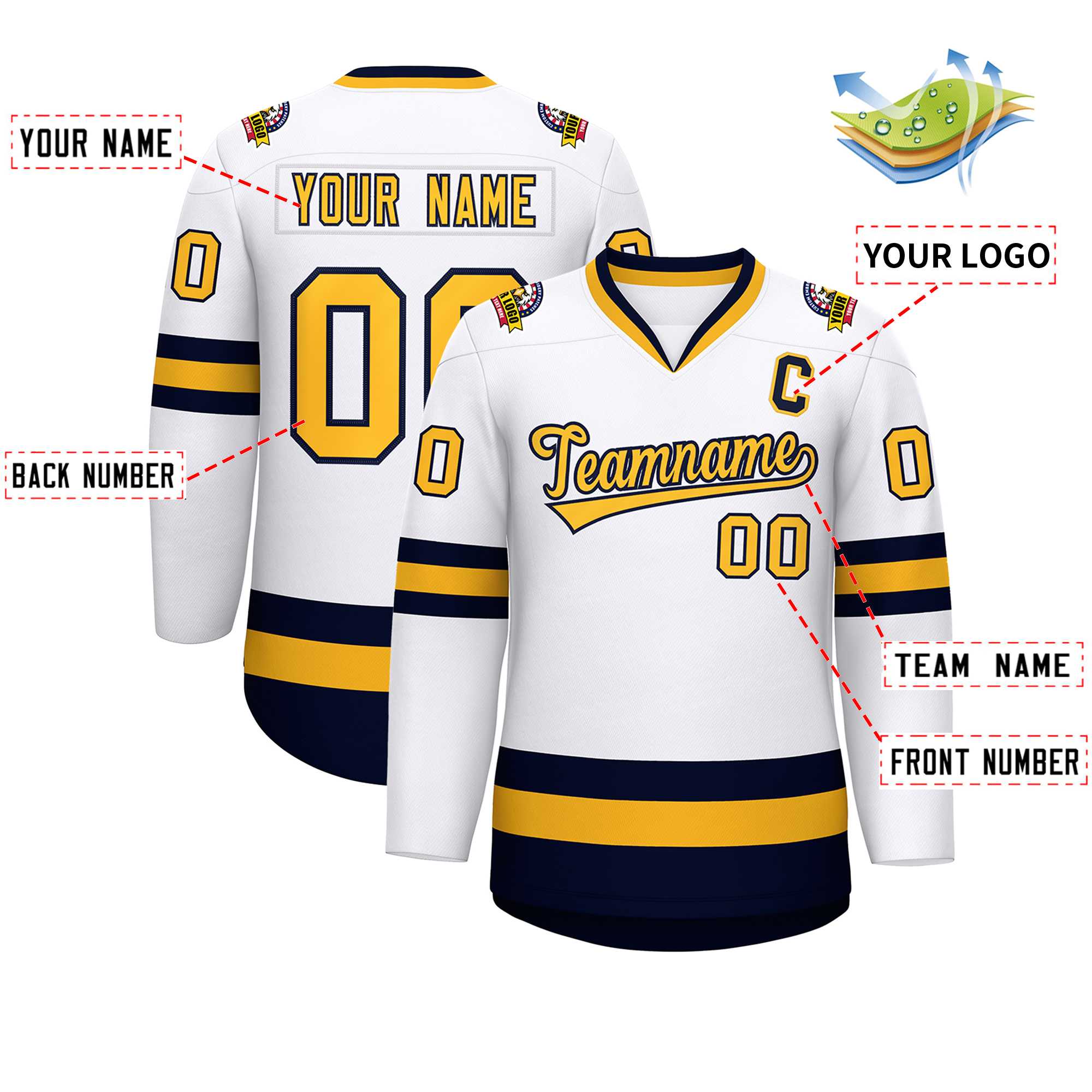 Custom White Gold-Navy Classic Style Hockey Jersey