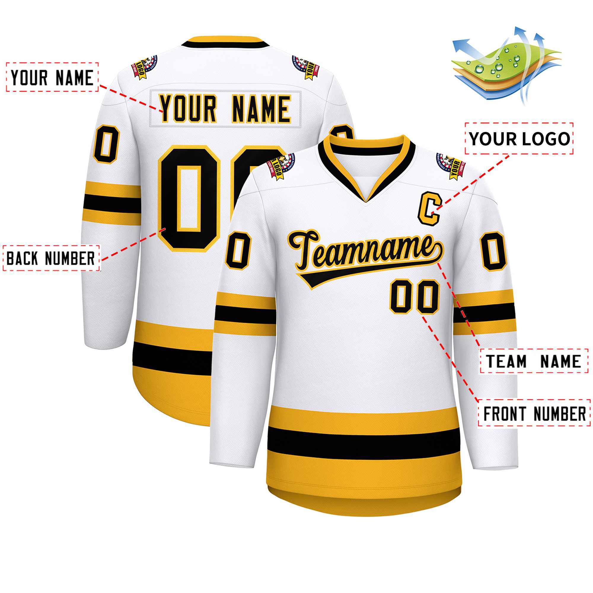 Custom White Black-Gold Classic Style Hockey Jersey