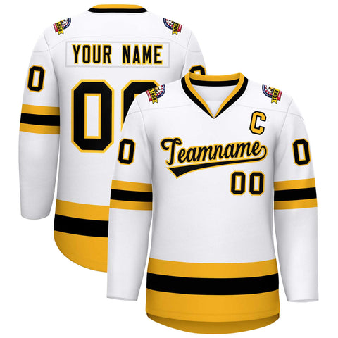 Custom White Black-Gold Classic Style Hockey Jersey