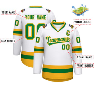 Custom White Kelly Green-Gold Classic Style Hockey Jersey