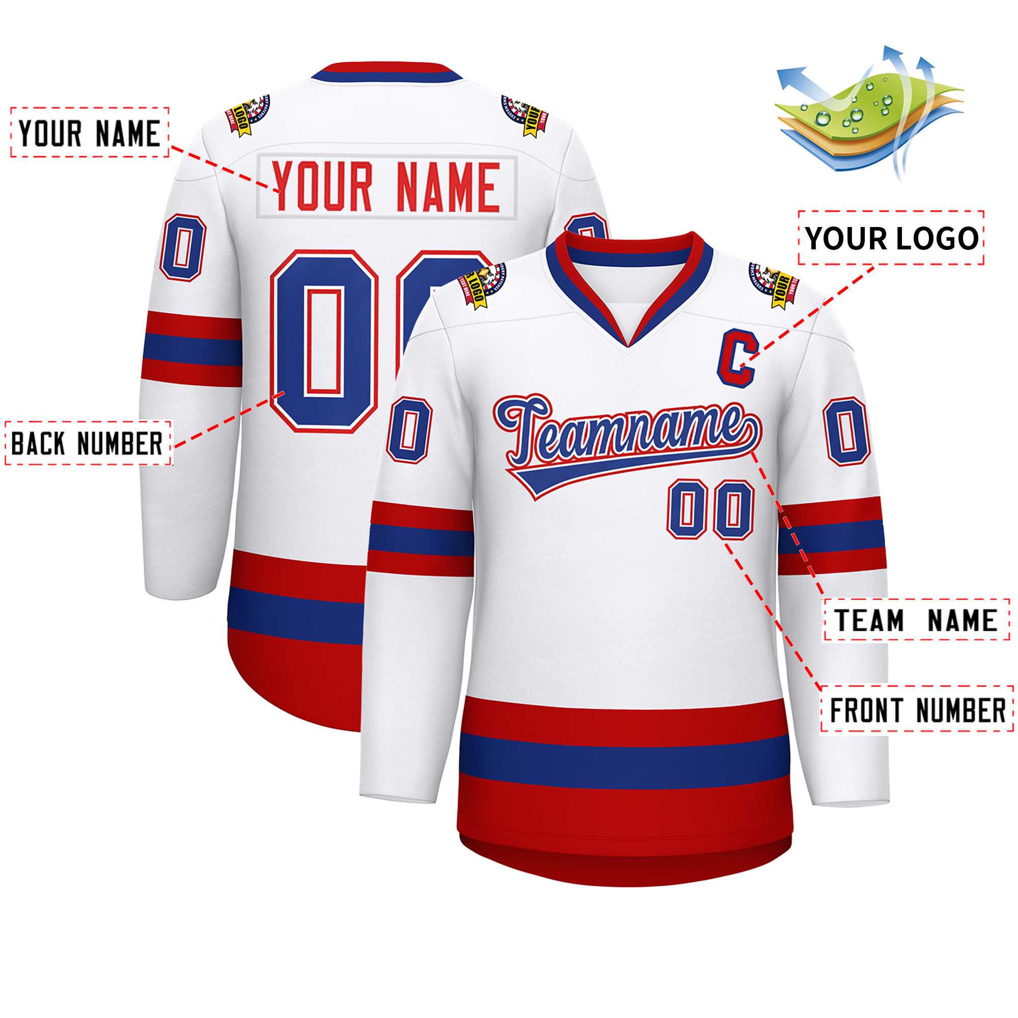 Custom White Royal White-Red Classic Style Hockey Jersey