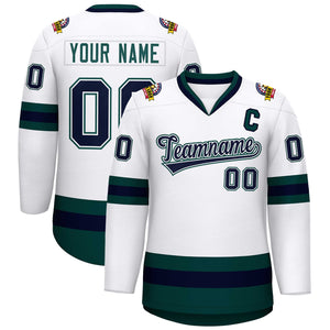 Custom White Navy White-Midnight Green Classic Style Hockey Jersey