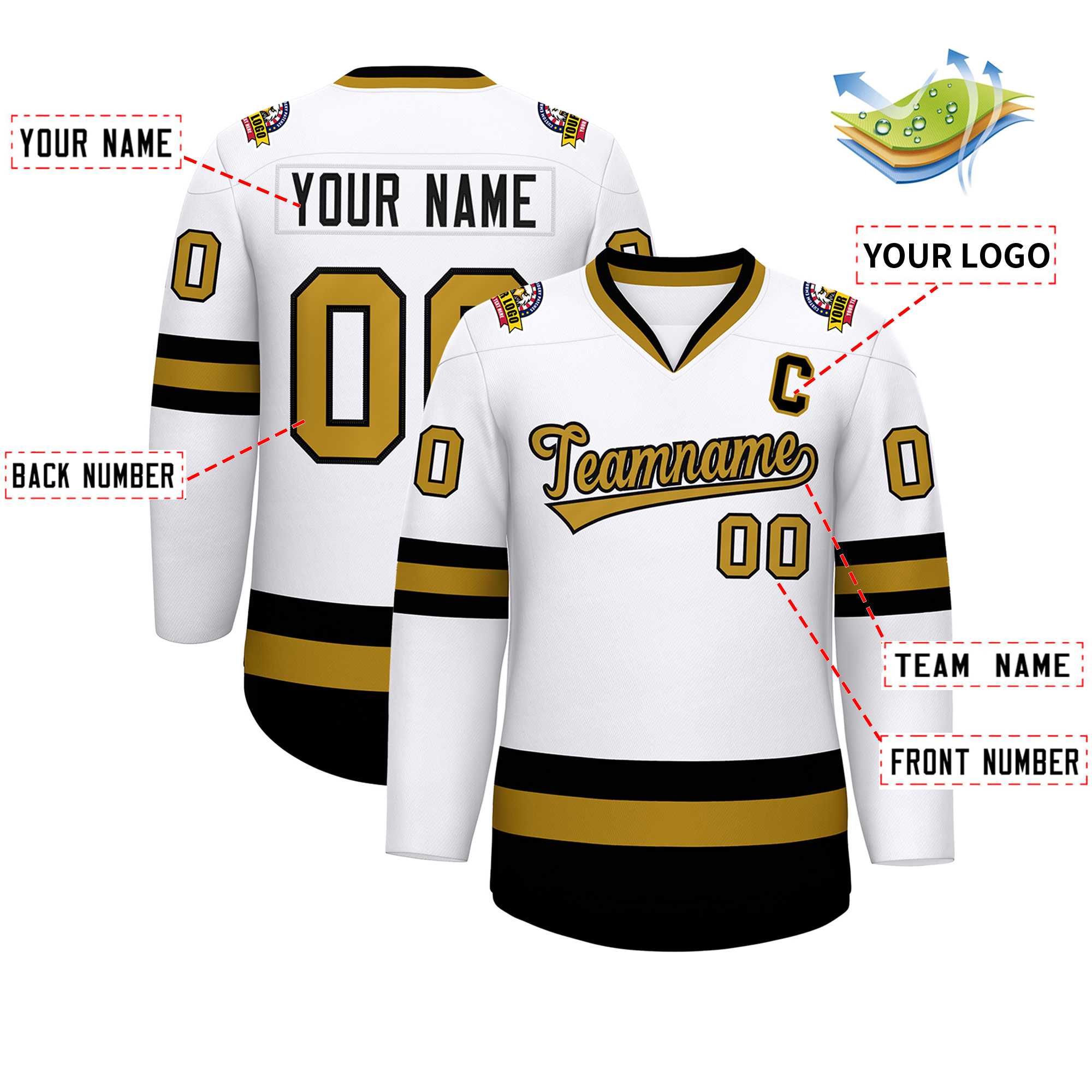 Custom White Old Gold-Black Classic Style Hockey Jersey