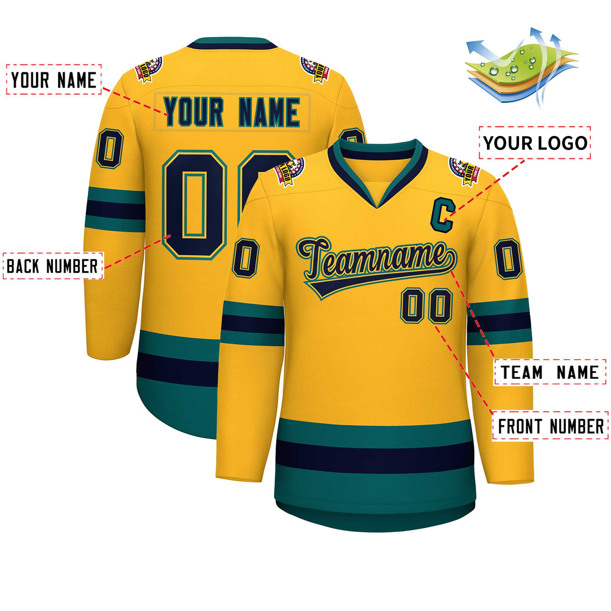 Custom Gold Navy Gold-Aqua Classic Style Hockey Jersey