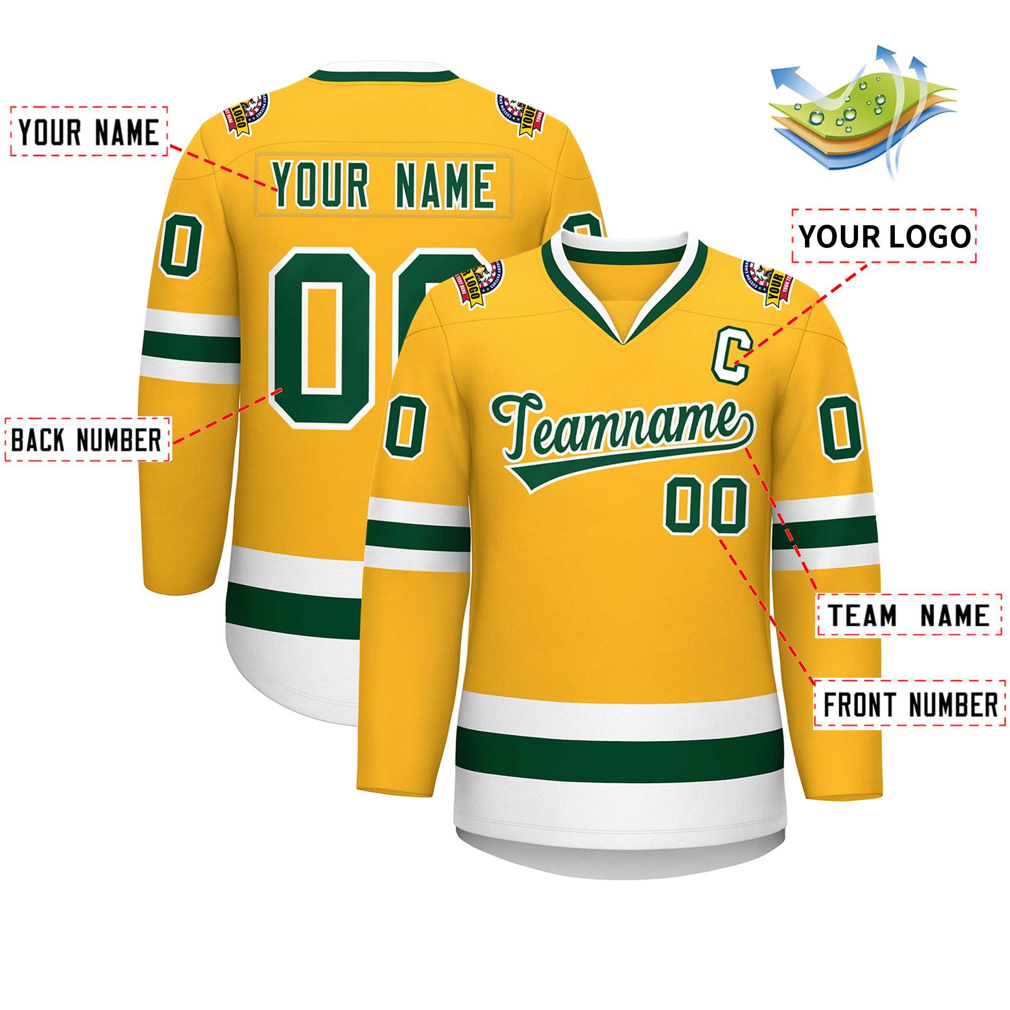 Custom Gold Green-White Classic Style Hockey Jersey