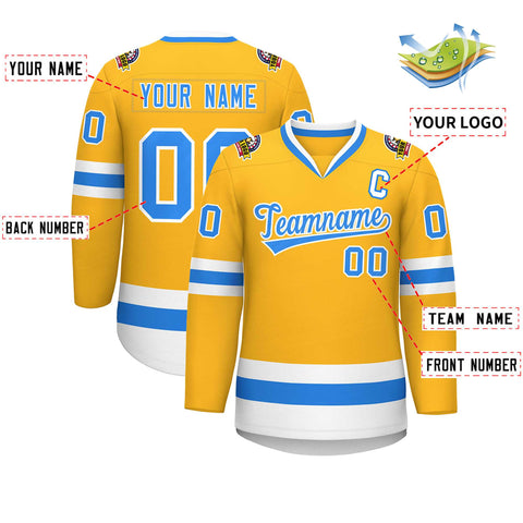 Custom Gold Powder Blue-White Classic Style Hockey Jersey