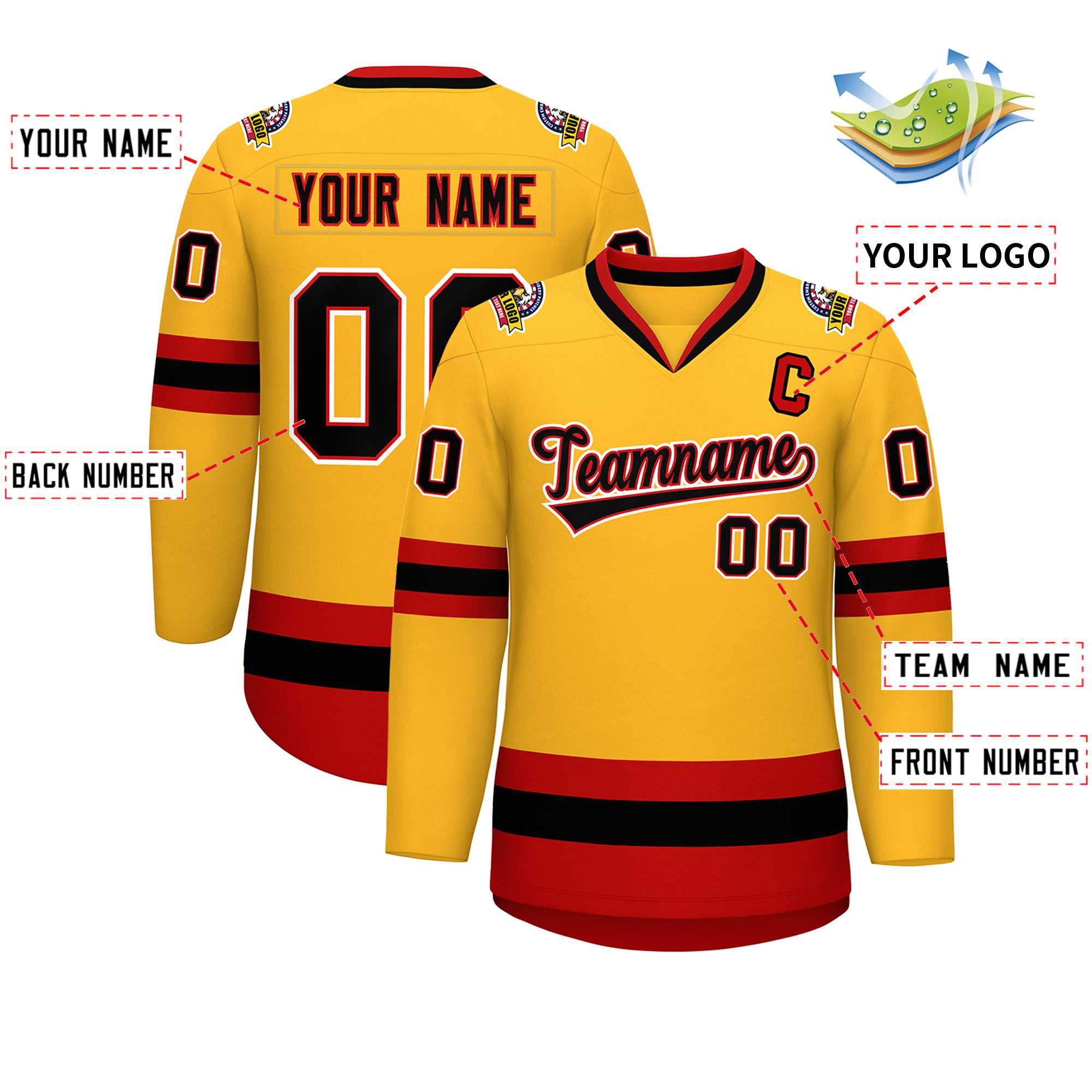 Custom Gold Black Red-White Classic Style Hockey Jersey