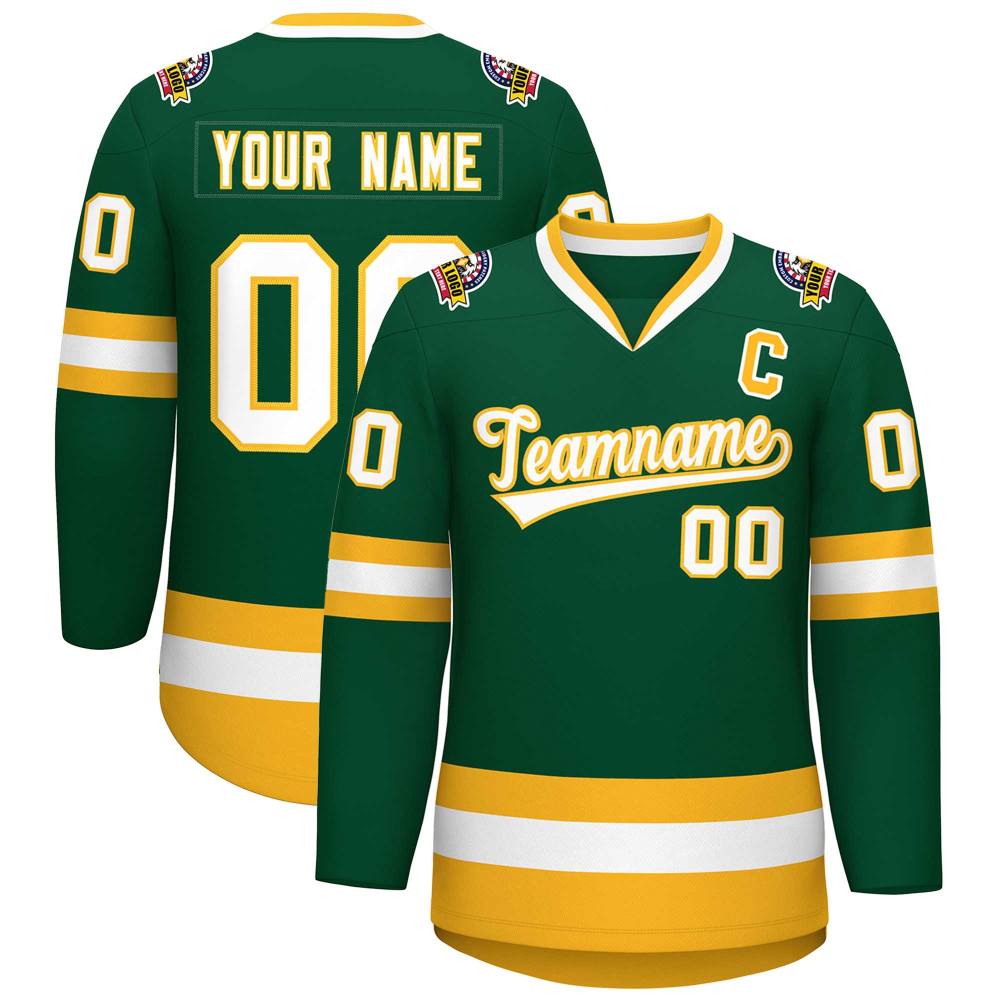 Custom Green White-Gold Classic Style Hockey Jersey