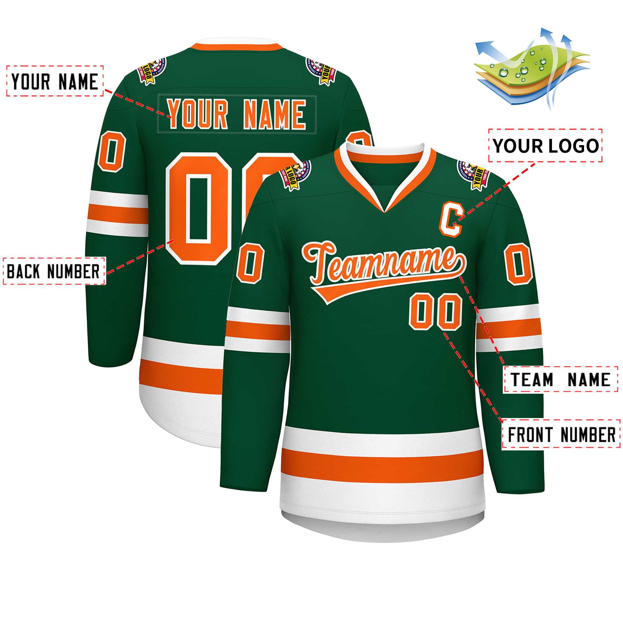 Maillot de hockey de style classique vert orange-blanc personnalisé