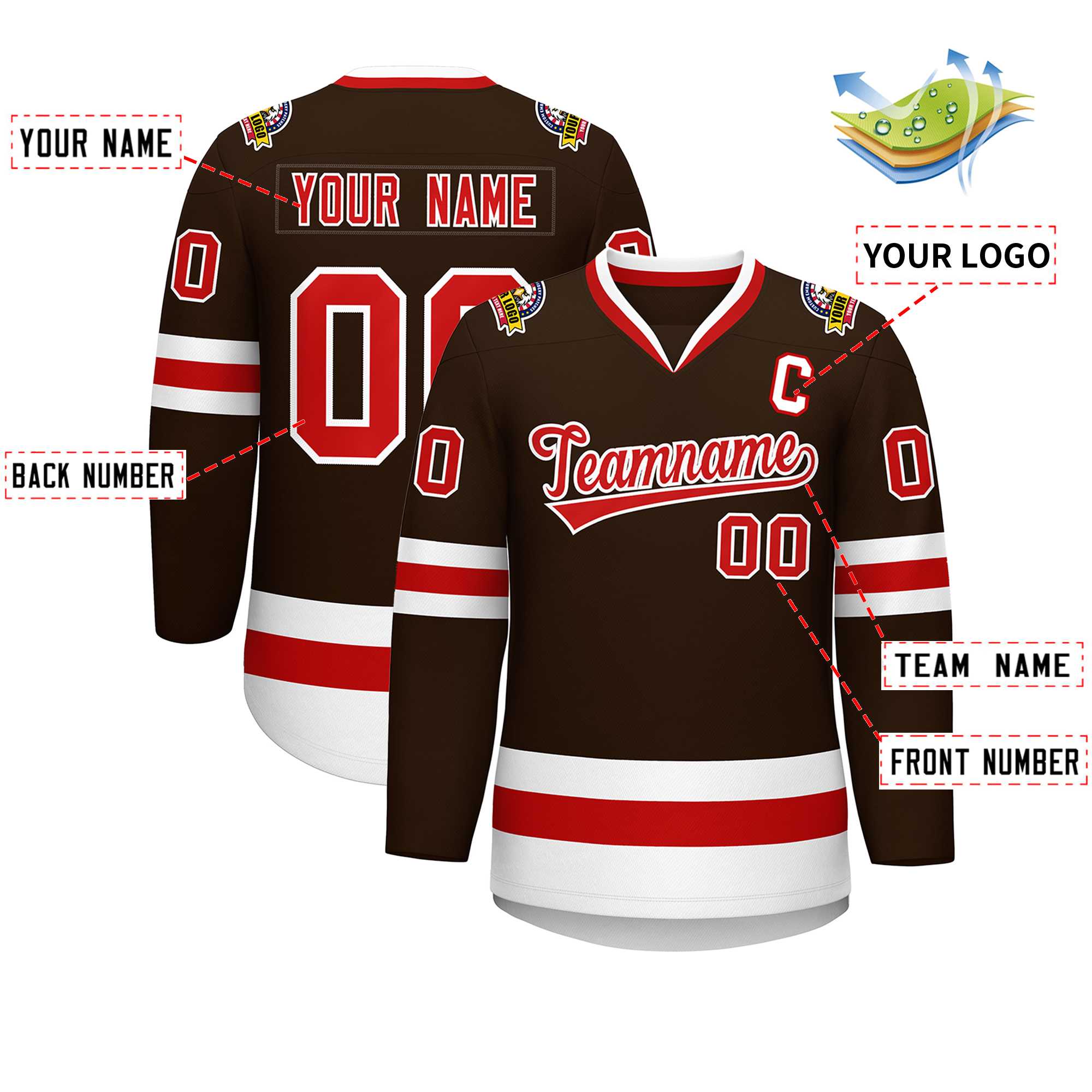 Maillot de hockey de style classique personnalisé marron rouge-blanc