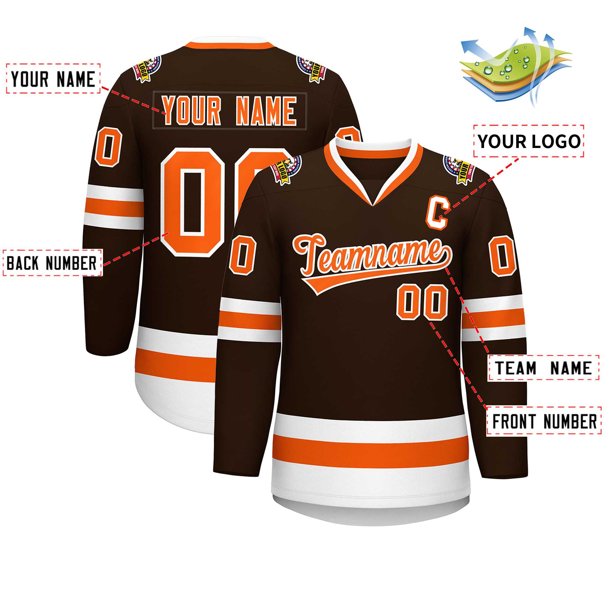 Maillot de hockey de style classique marron orange-blanc personnalisé