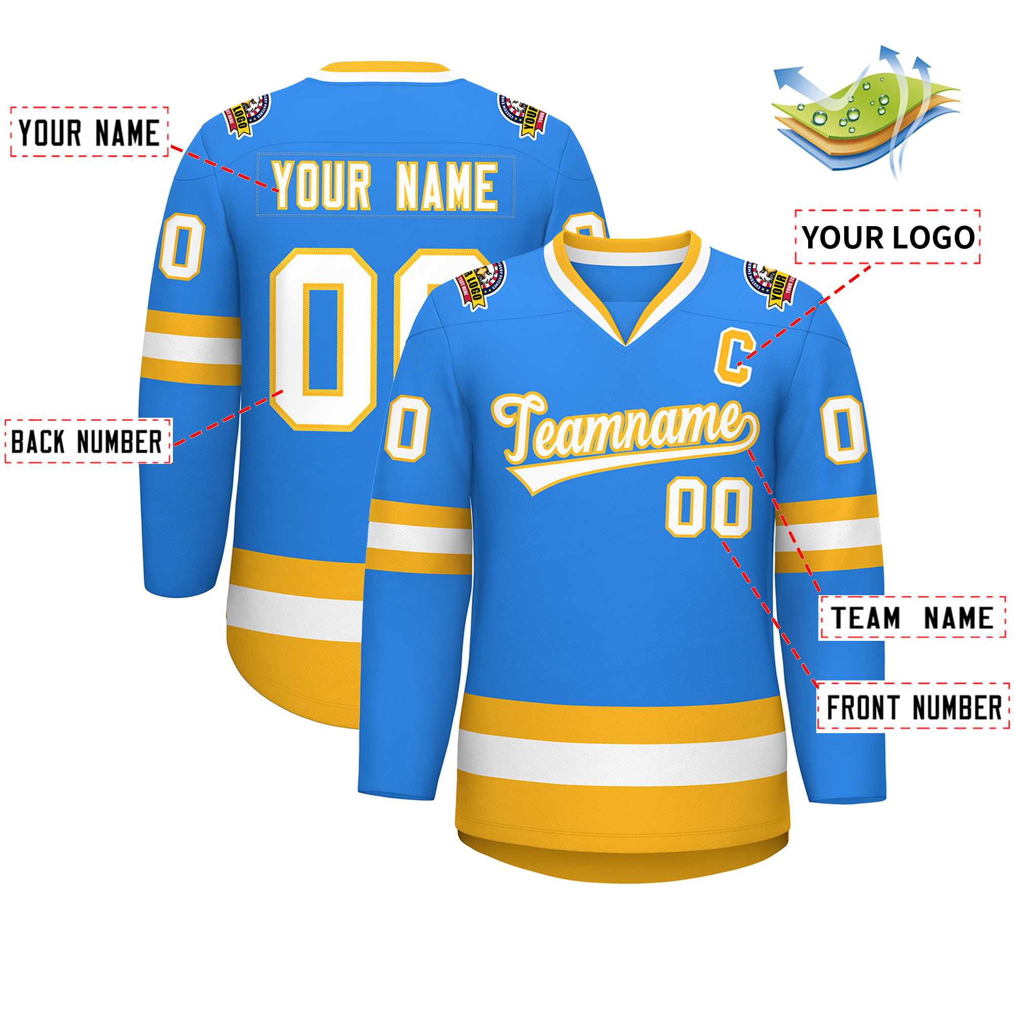 Custom Powder Blue White-Gold Classic Style Hockey Jersey