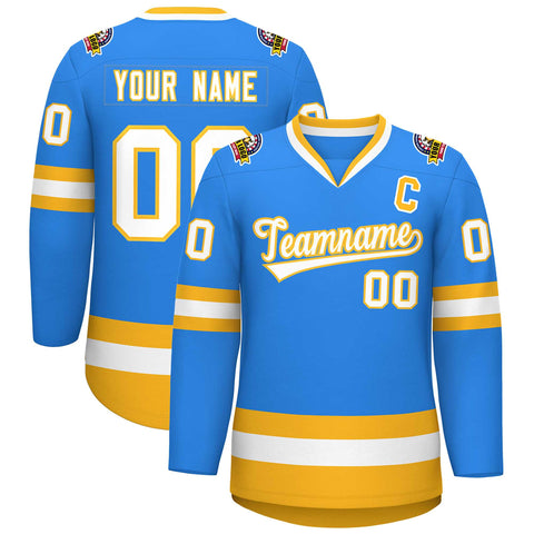 Custom Powder Blue White-Gold Classic Style Hockey Jersey
