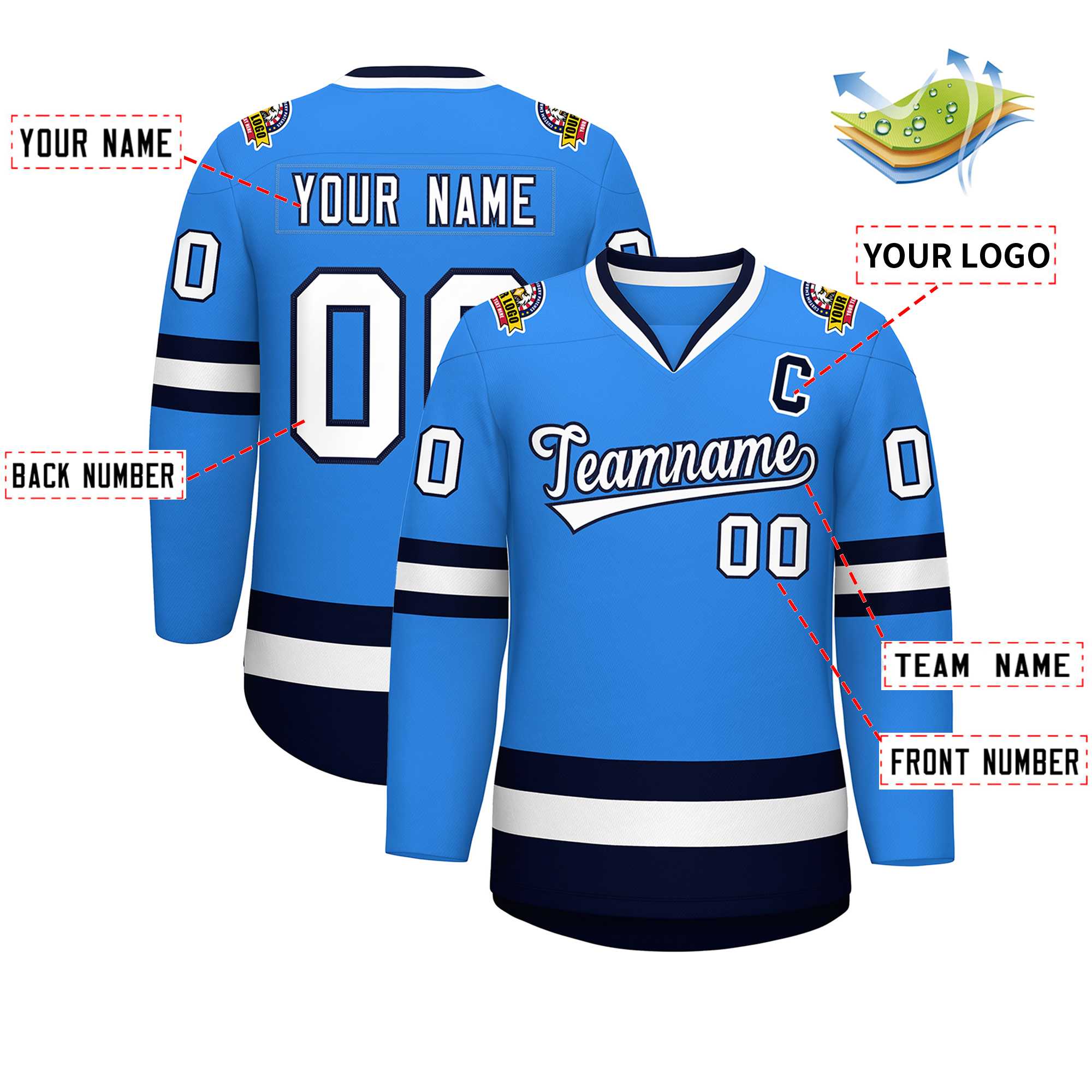 Custom Powder Blue White-Navy Classic Style Hockey Jersey