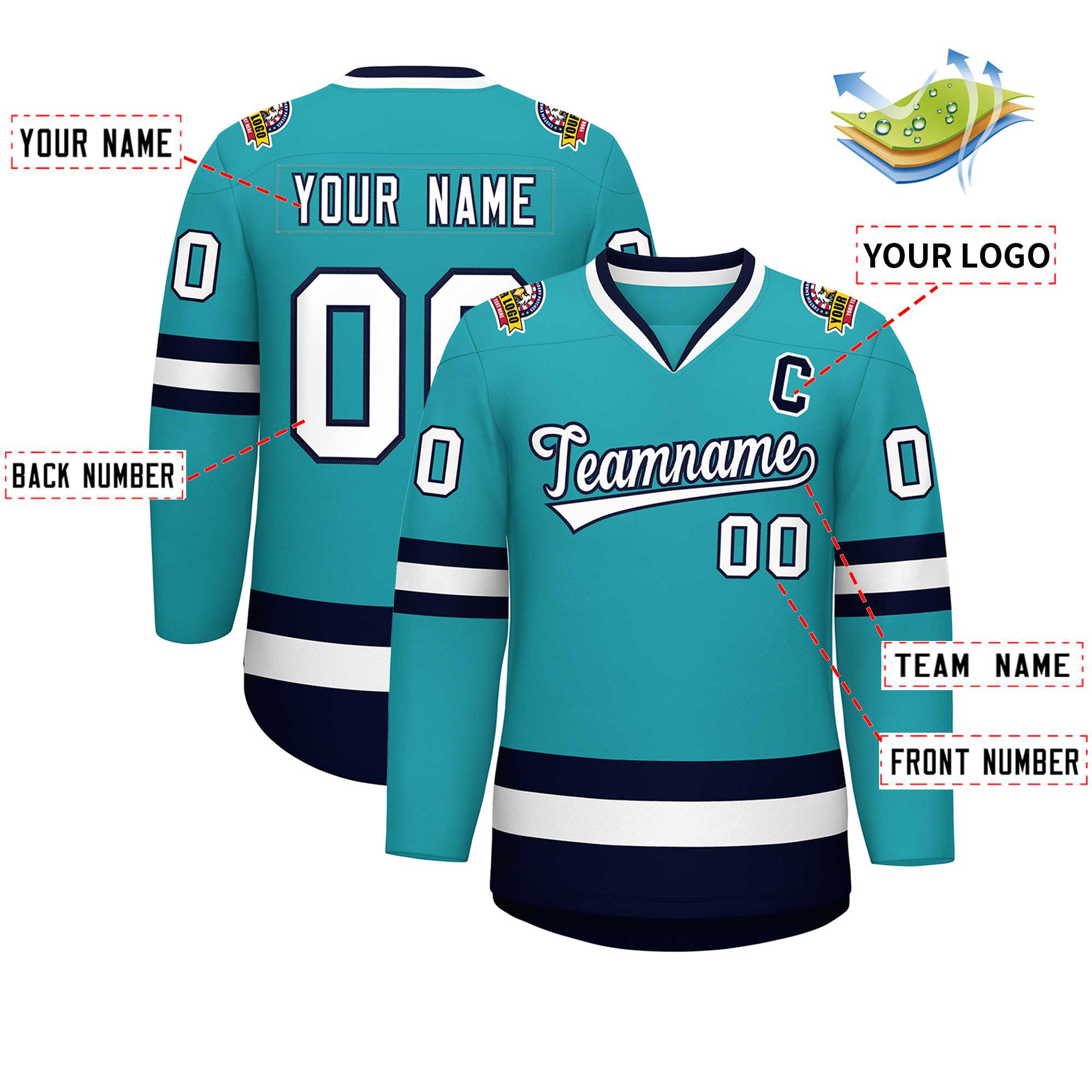 Maillot de hockey de style classique Aqua blanc-marine personnalisé