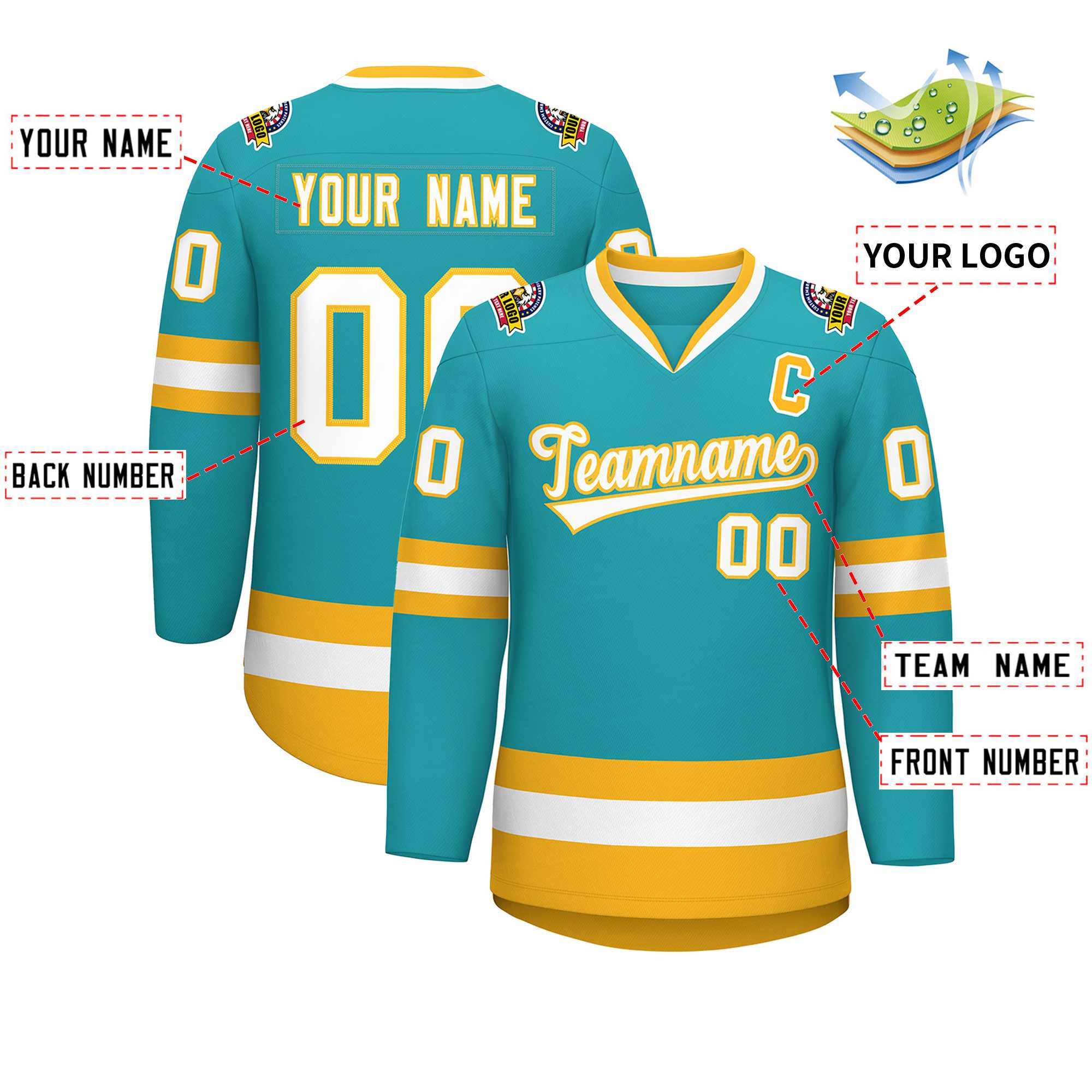 Custom Aqua White-Gold Classic Style Hockey Jersey