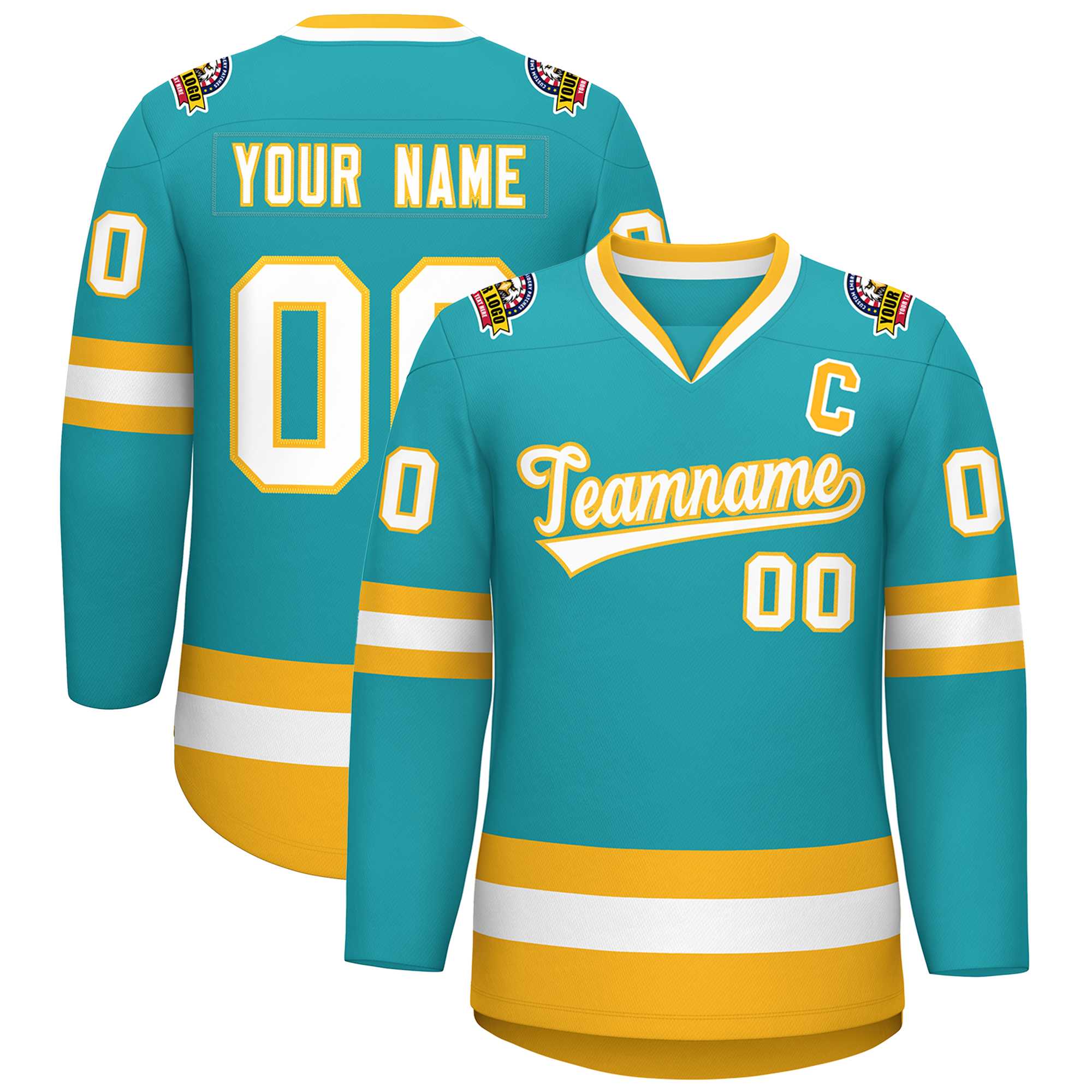 Custom Aqua White-Gold Classic Style Hockey Jersey