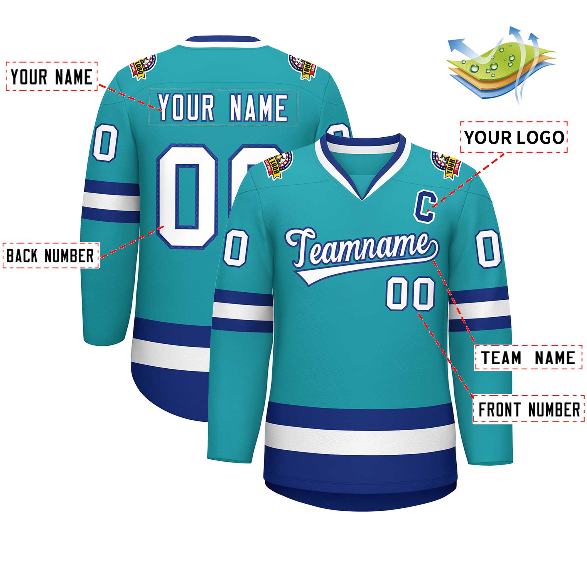 Custom Aqua White-Royal Classic Style Hockey Jersey