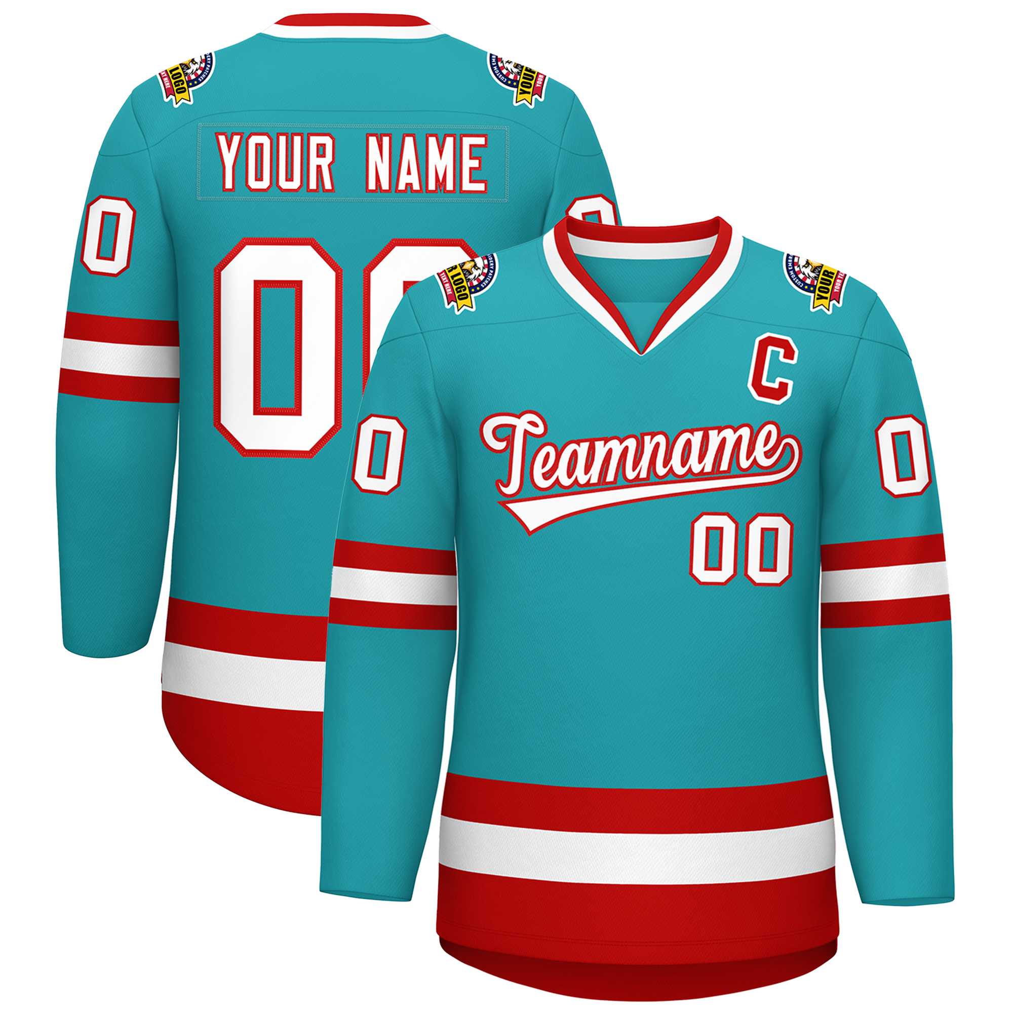 Custom Aqua White-Red Classic Style Hockey Jersey