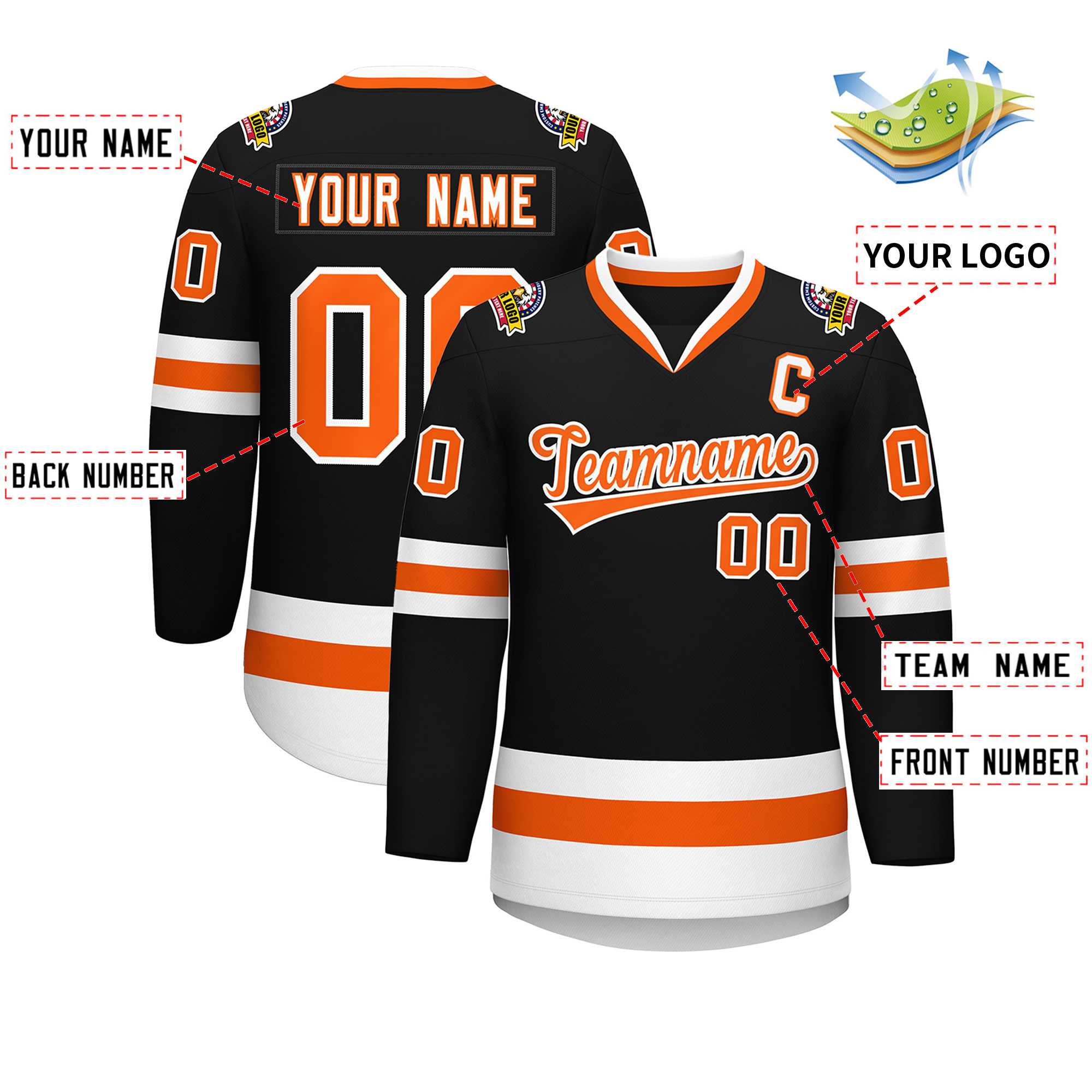 Maillot de hockey de style classique noir orange-blanc personnalisé