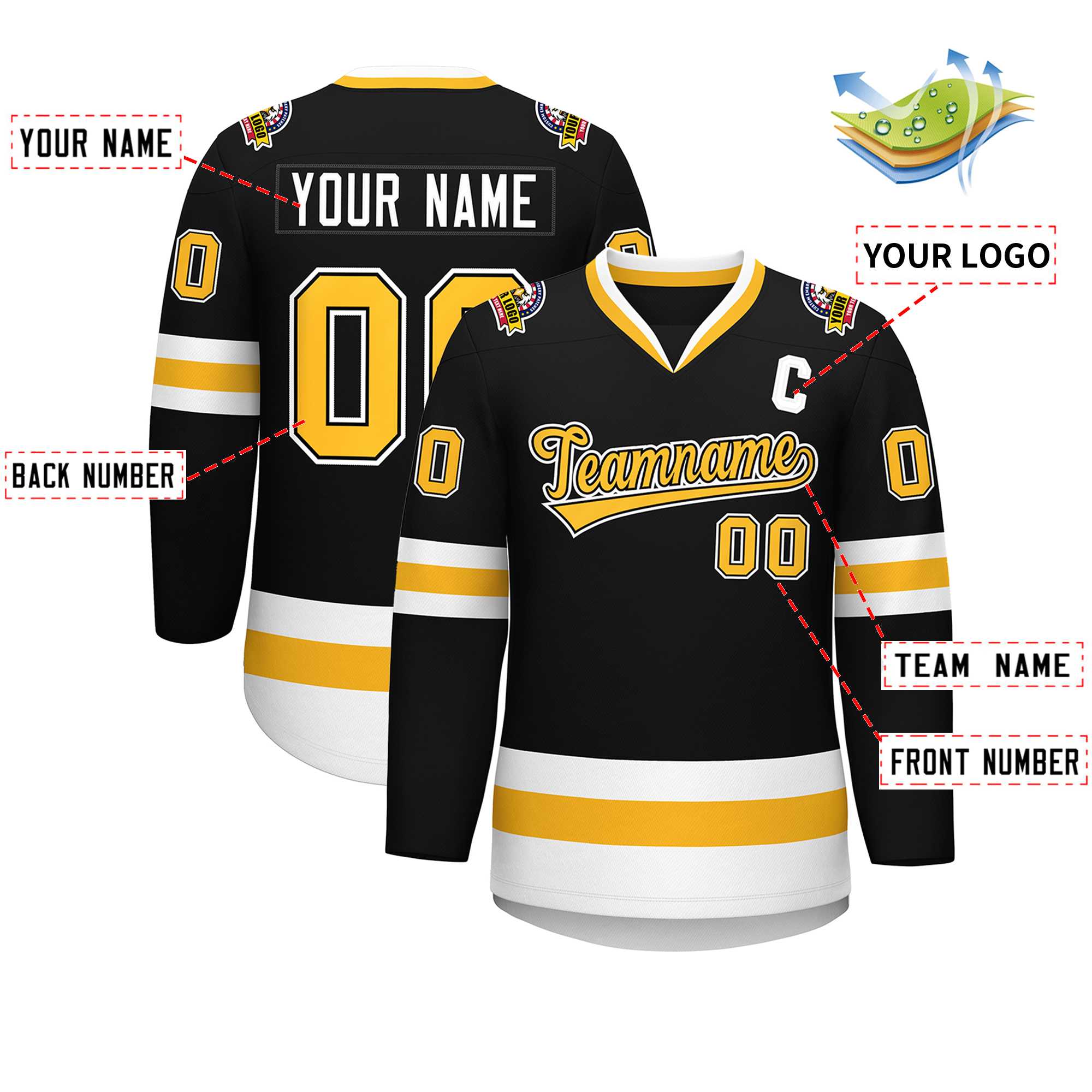 Custom Black Gold Black-White Classic Style Hockey Jersey