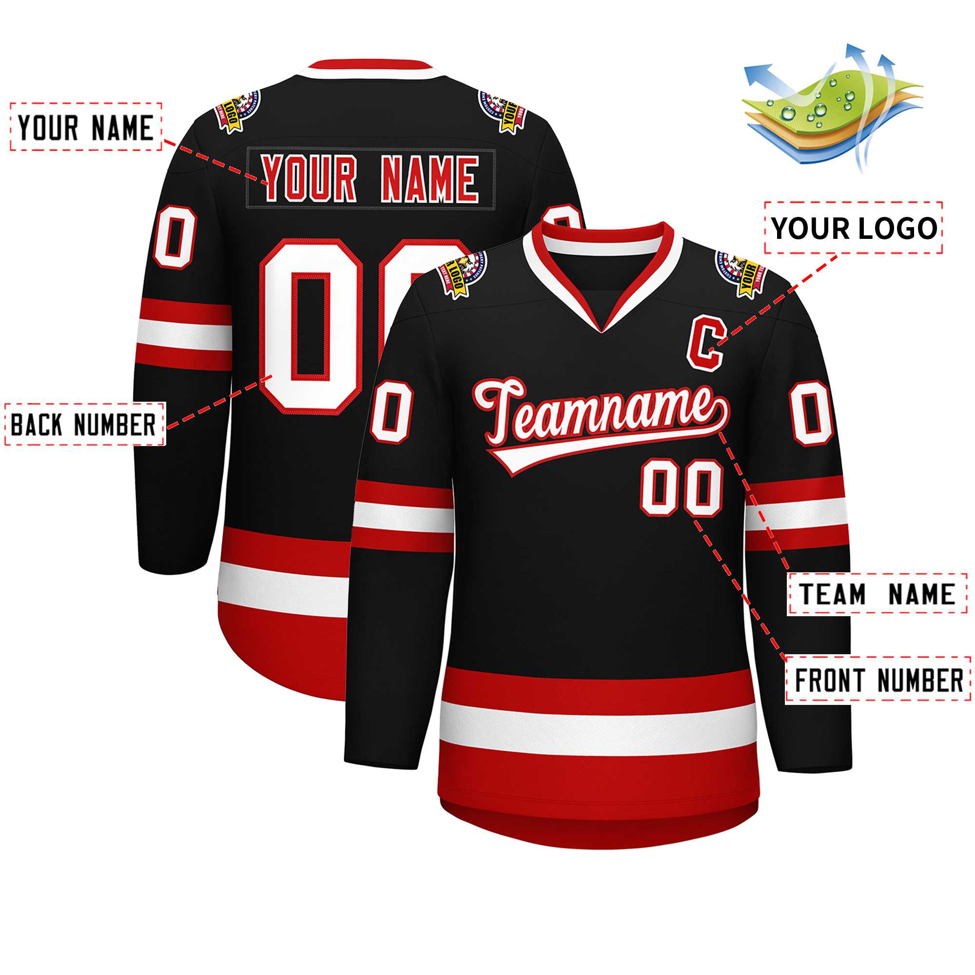 Custom Black White-Red Classic Style Hockey Jersey