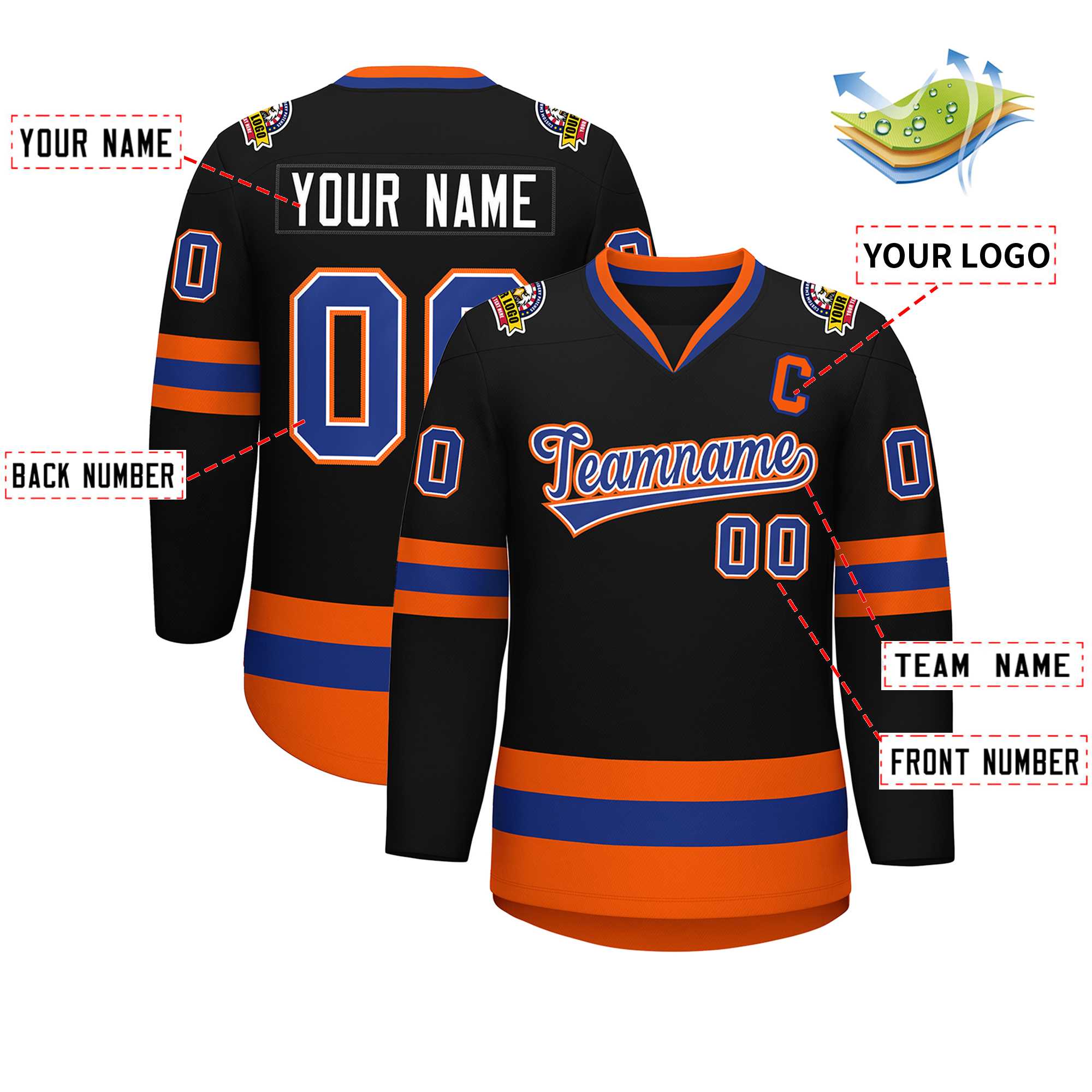 Custom Black Royal White-Orange Classic Style Hockey Jersey